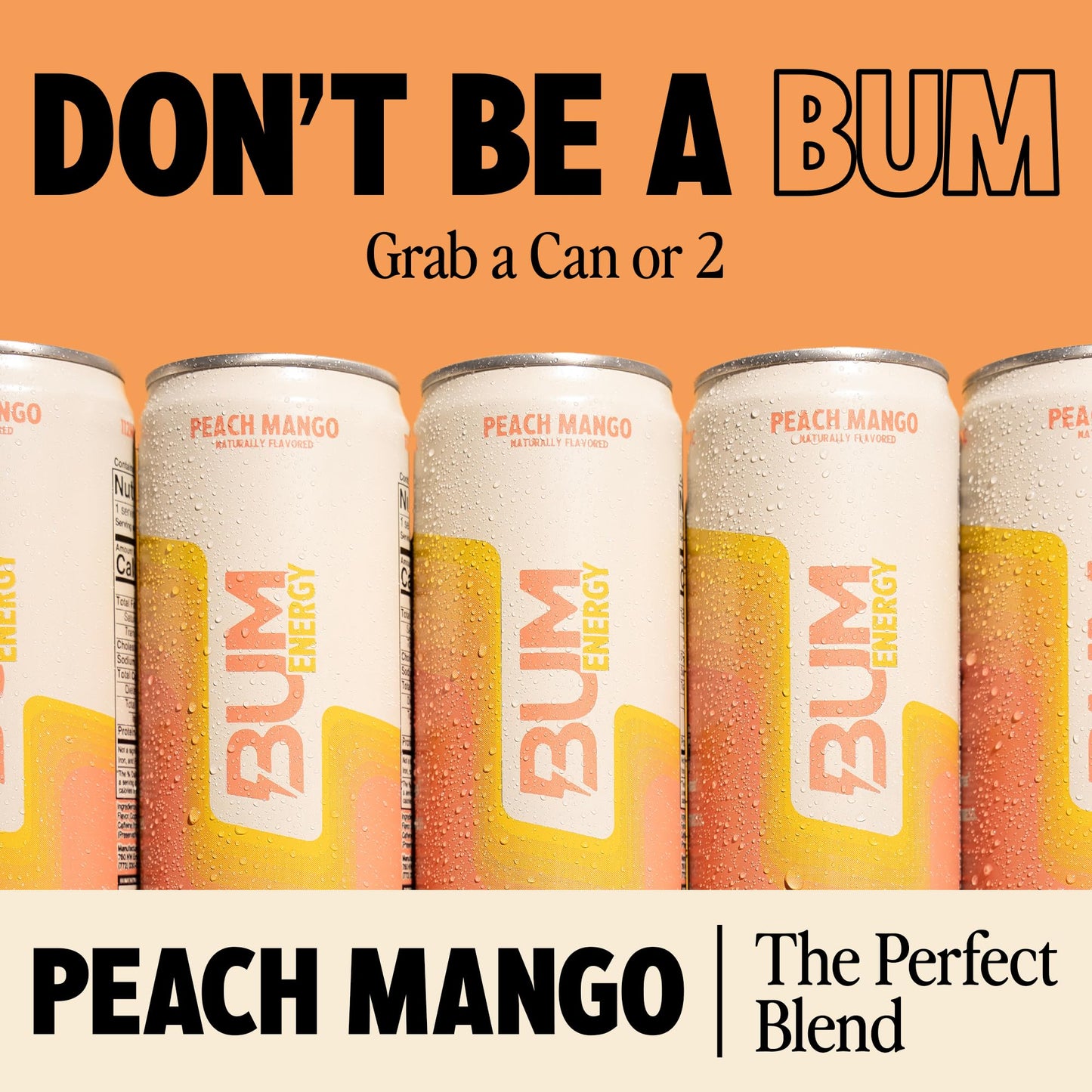 BUM Sugar-Free Energy Drink  Peach Mango - Lightly Carbonated & No Artificial Colors  Natural Caffeine & Citicoline for Energy & Focus  Brain Boost & Workout Sports Beverage - 12 oz  Pack of 12