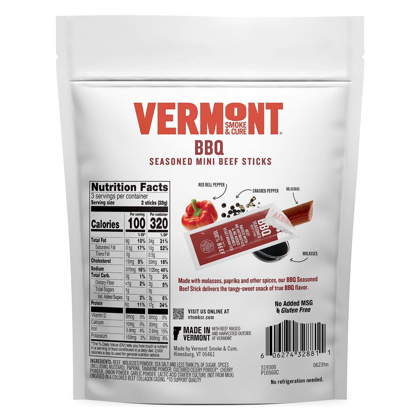 Snack Sticks By Vermont Smoke & Cure - Bbq Seasoned - Beef - Healthy Meat Protein - .5 Ounce - 3Oz Pouch - Pack Of 8