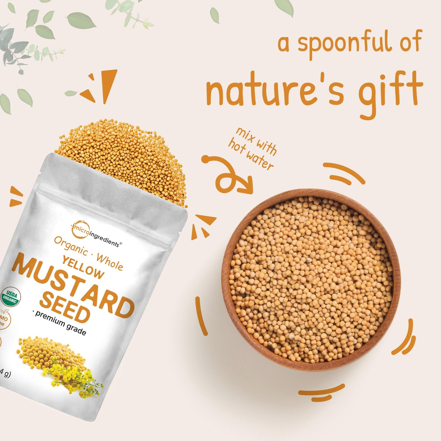 Organic Whole Yellow Mustard Seed, 4Lbs (64Oz) | Premium Grade Seeds | Mild Spicy Raw Flavor | Great For Pickling, Culinary Spice, & Seasoning Mix | Non-Gmo, Bulk Supply