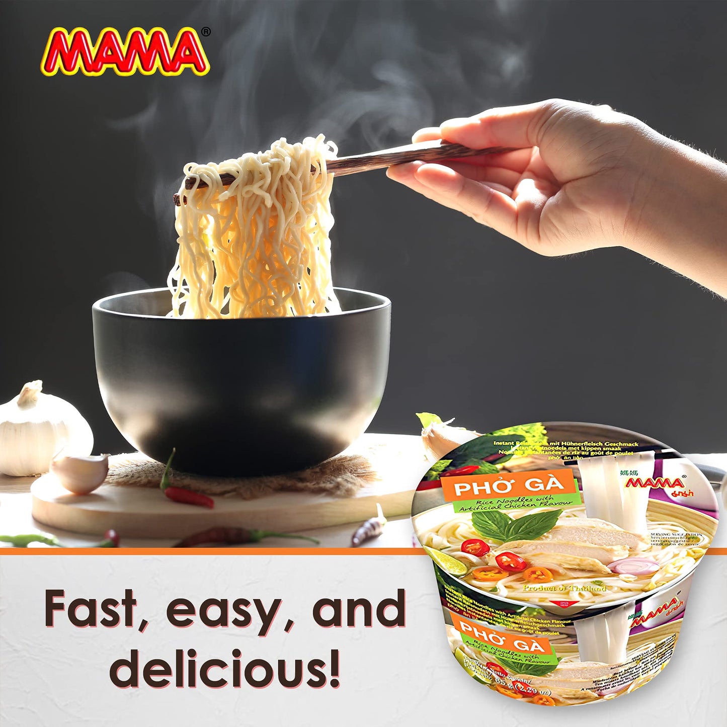 Mama Pho Ga Instant Chicken Soup Bowl Noodle In Vietnamese Style, Silky-Smooth, Chewy Rice Noodles With Piping Hot Aromatic Soup