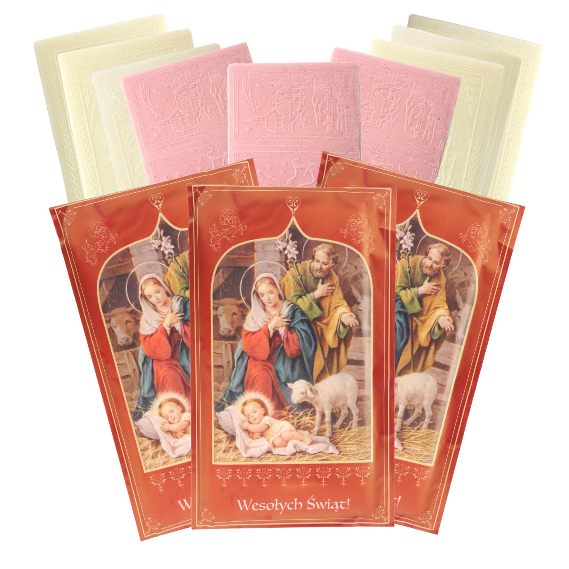 Oplatki Christmas Wafers, 2 White 1 Pink with Decorative Envelope, Polish Wigilia Tradition, Pack of 3