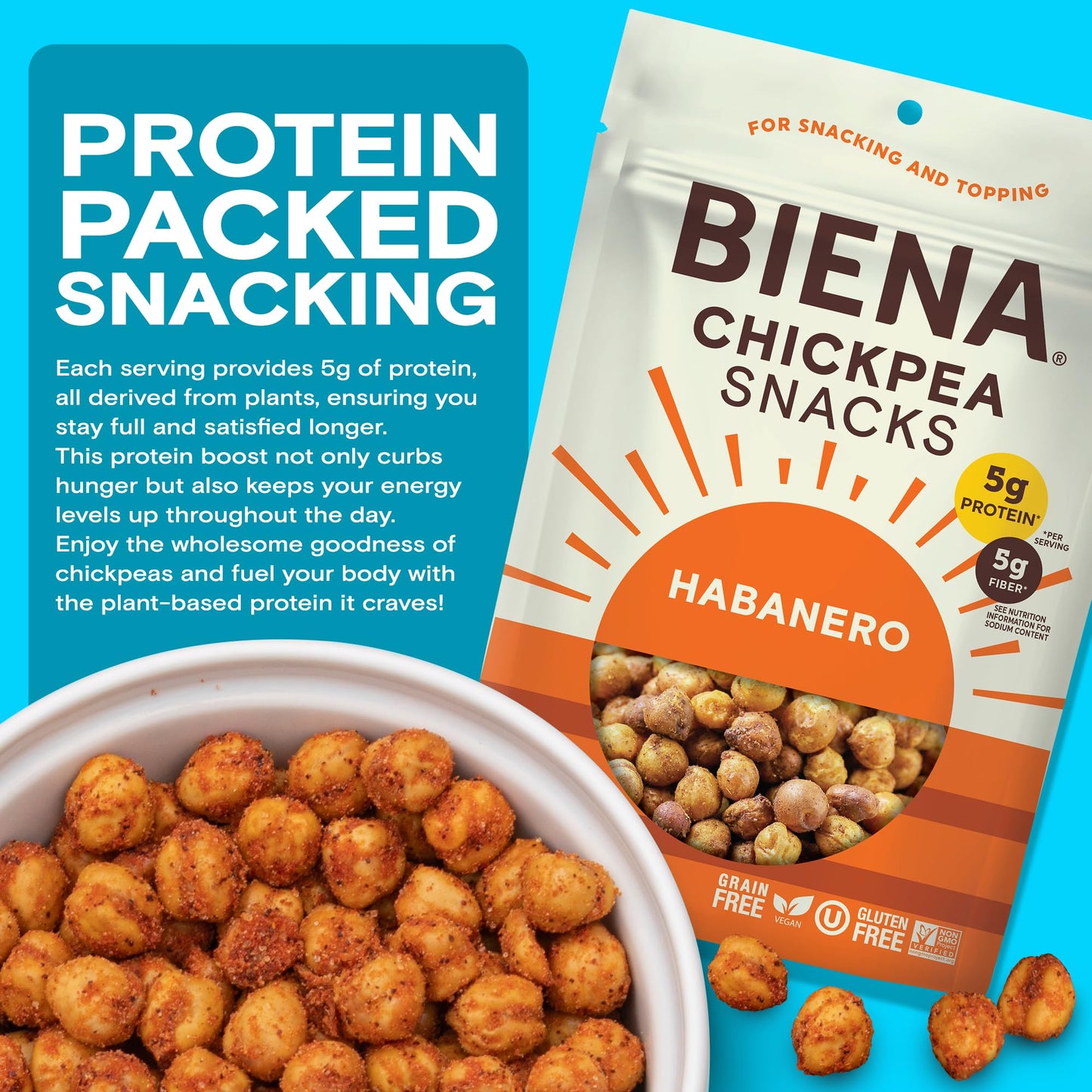 BIENA Chickpea Snacks - Crunchy Roasted Chickpeas - High Fiber Vegan Protein Snacks for Adults and Kids - 8-Pack, 5 Ounce - Haba
