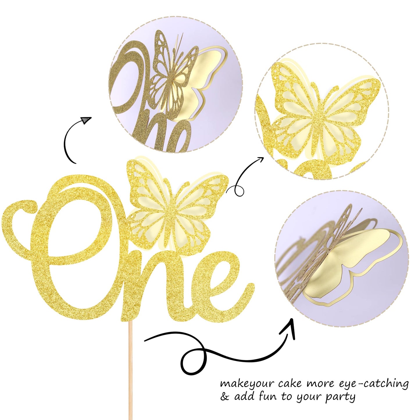 Rssta i Butterfly Cake Topper, Gold Glitter, 1 Pack, Model XM021-Gold, Baby Shower & 1st Birthday Party Supplies