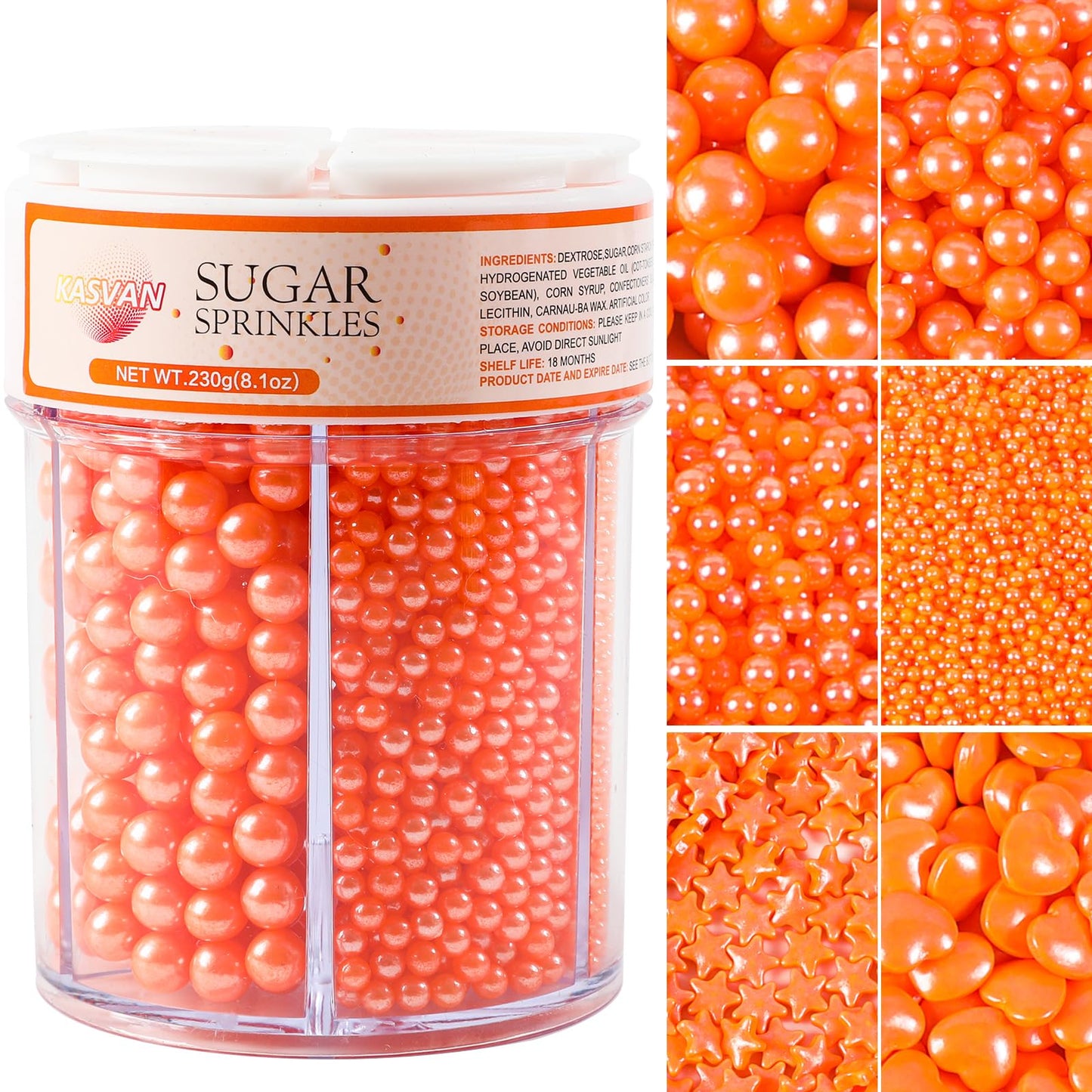 Kasvan 8.1Oz Orange Pearl Sprinkles, 6 Sizes Mix for Cake Decorating, 230g/8.1oz, Baking Cake Decorations, Ice Cream Toppings an