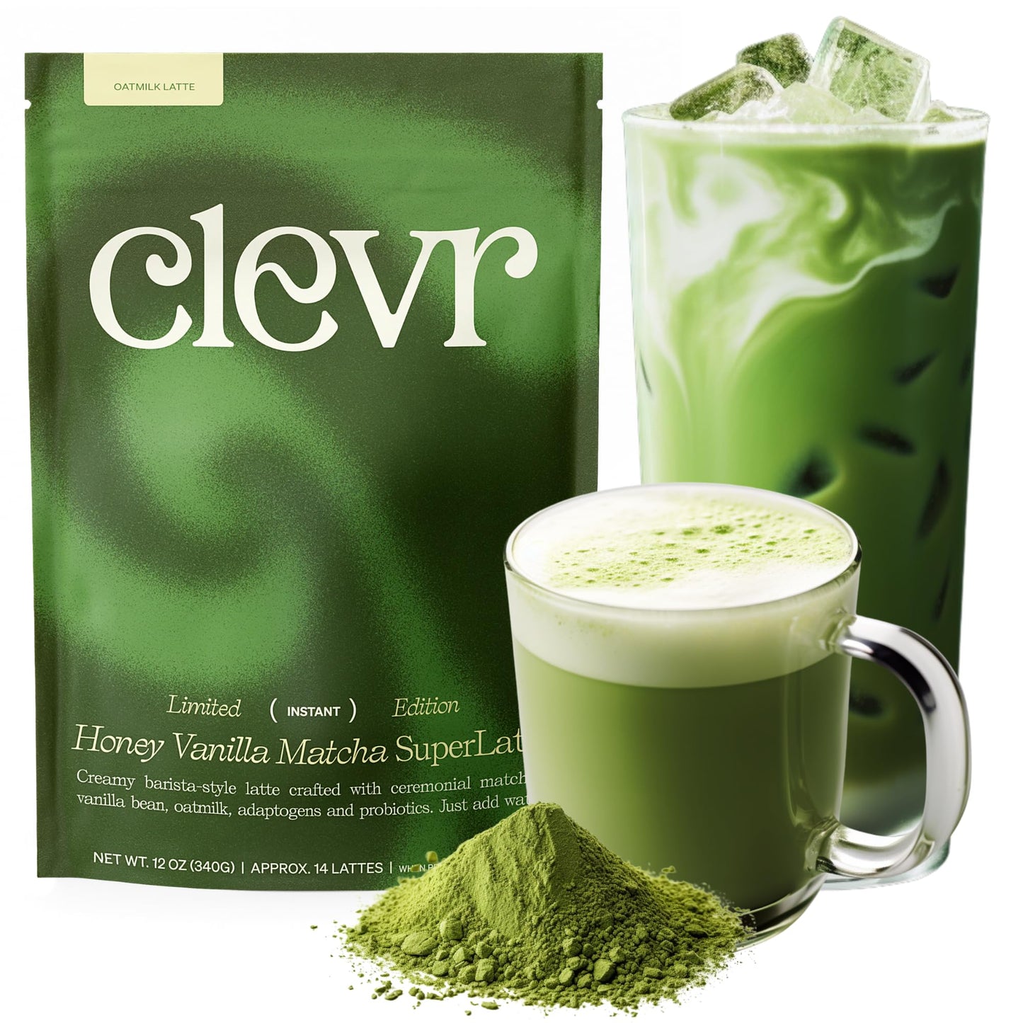 Clevr Organic Honey Vanilla Matcha Superlatte  Instant Ceremonial Grade  Superfood Powder Blend  Oat Milk  Lions Mane  Reishi Mushroom  Coconut Cream  Ashwagandha  Serve Hot Or Iced (14 Lattes)
