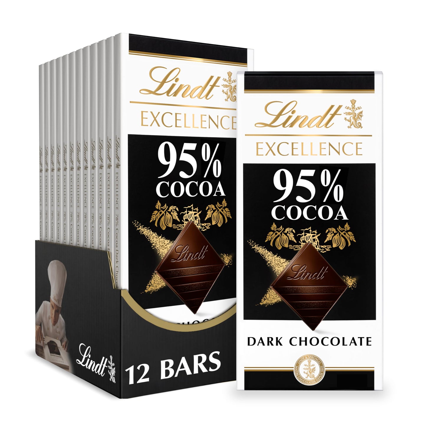 Lindt Dark Chocolate Bar, 95% Cocoa, 2.8 oz. (Pack of 12), Natural