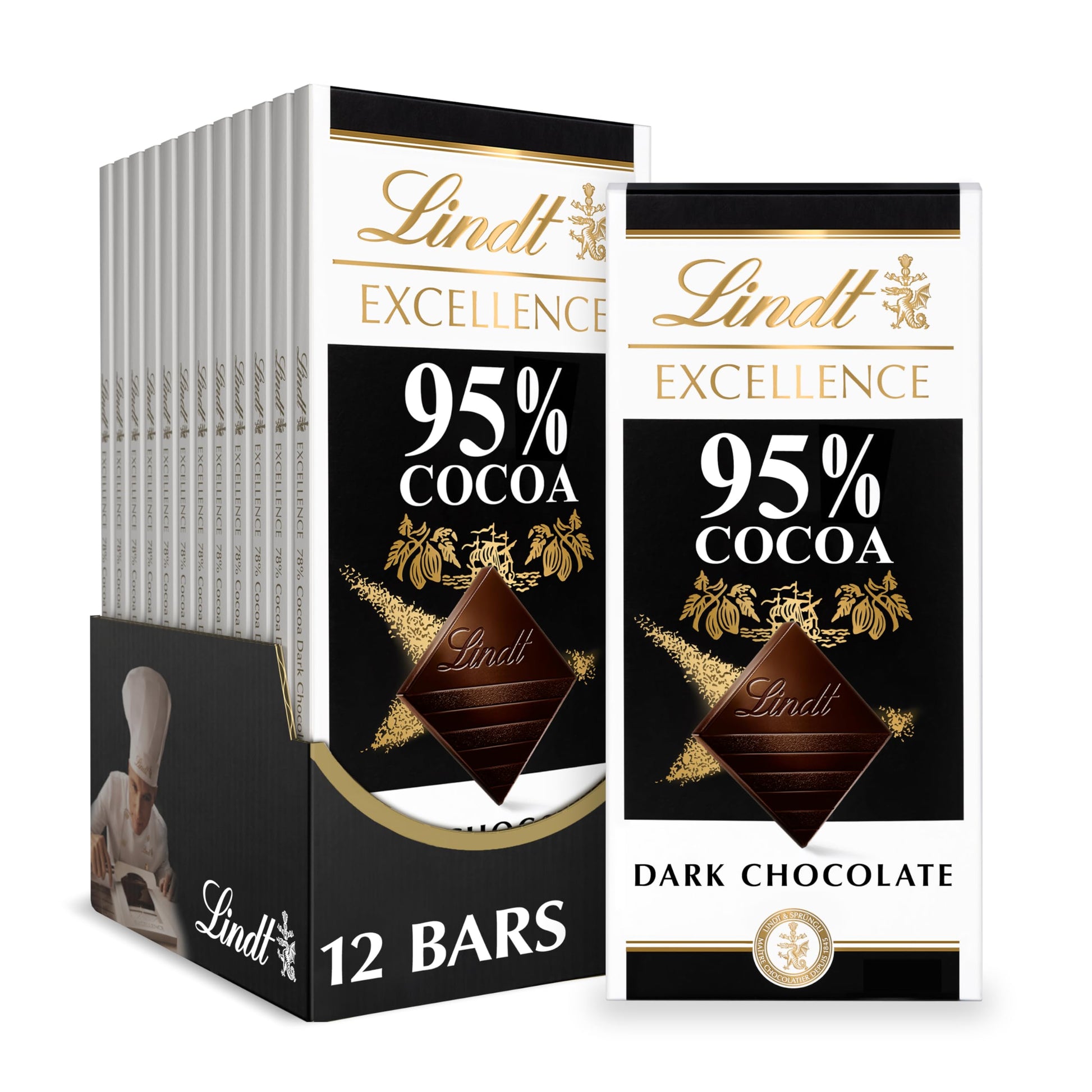 Lindt Dark Chocolate Bar, 95% Cocoa, 2.8 oz. (Pack of 12), Natural