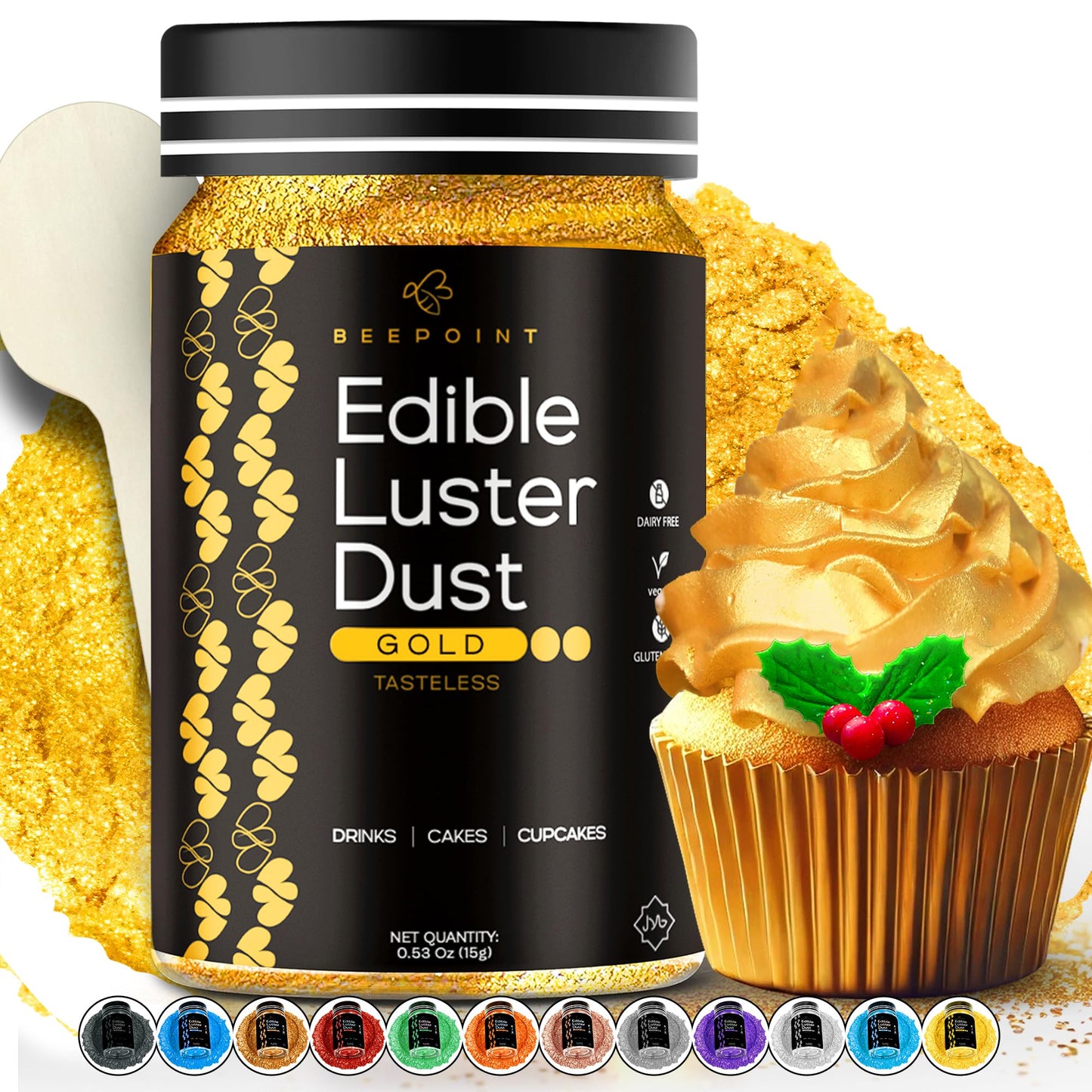 BeePoint Gold Edible Luster Dust - Vibrant Shimmer Powder for Baking, Drinks & Cake Decorating - 15g Dust