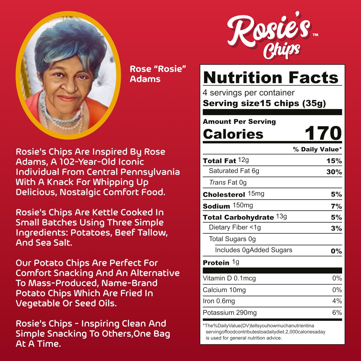 Rosies Chips - Kettle Cooked Chips in Grass-Fed Beef Tallow with Sea Salt - (4 Pack) 5oz Bag