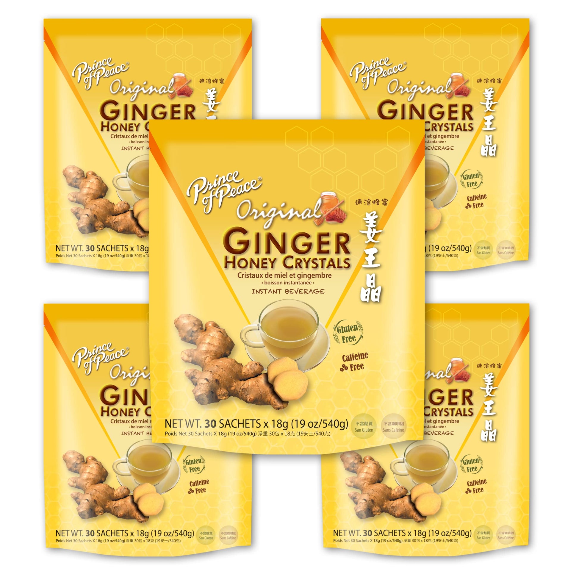 Prince Of Peace Ginger Honey Crystals - Instant Beverage Mix, 5 Packs of 30 Sachets, 1.19 lb, Original Flavor