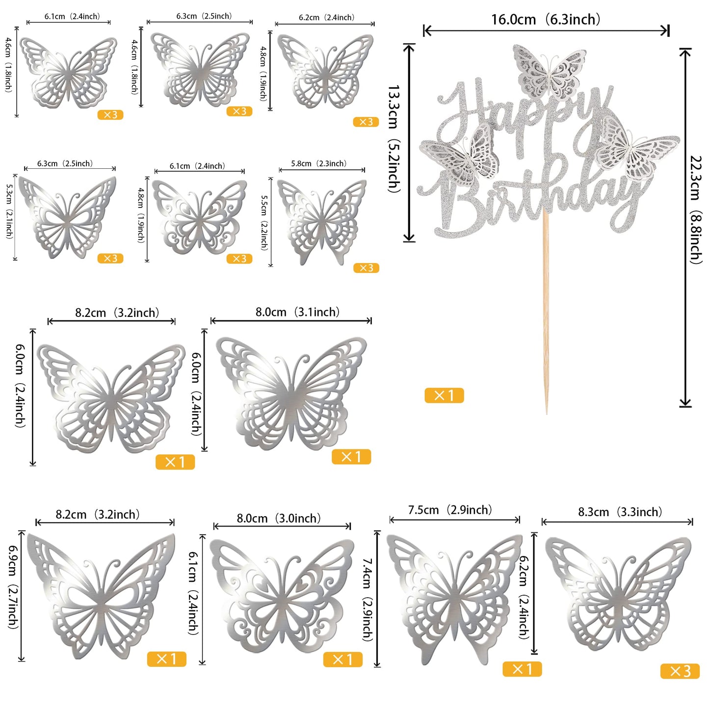 Rssta i 25 Pack Butterfly Cake Toppers, Glitter 3D, Happy Birthday Topper, Silver, Model XM266-silver