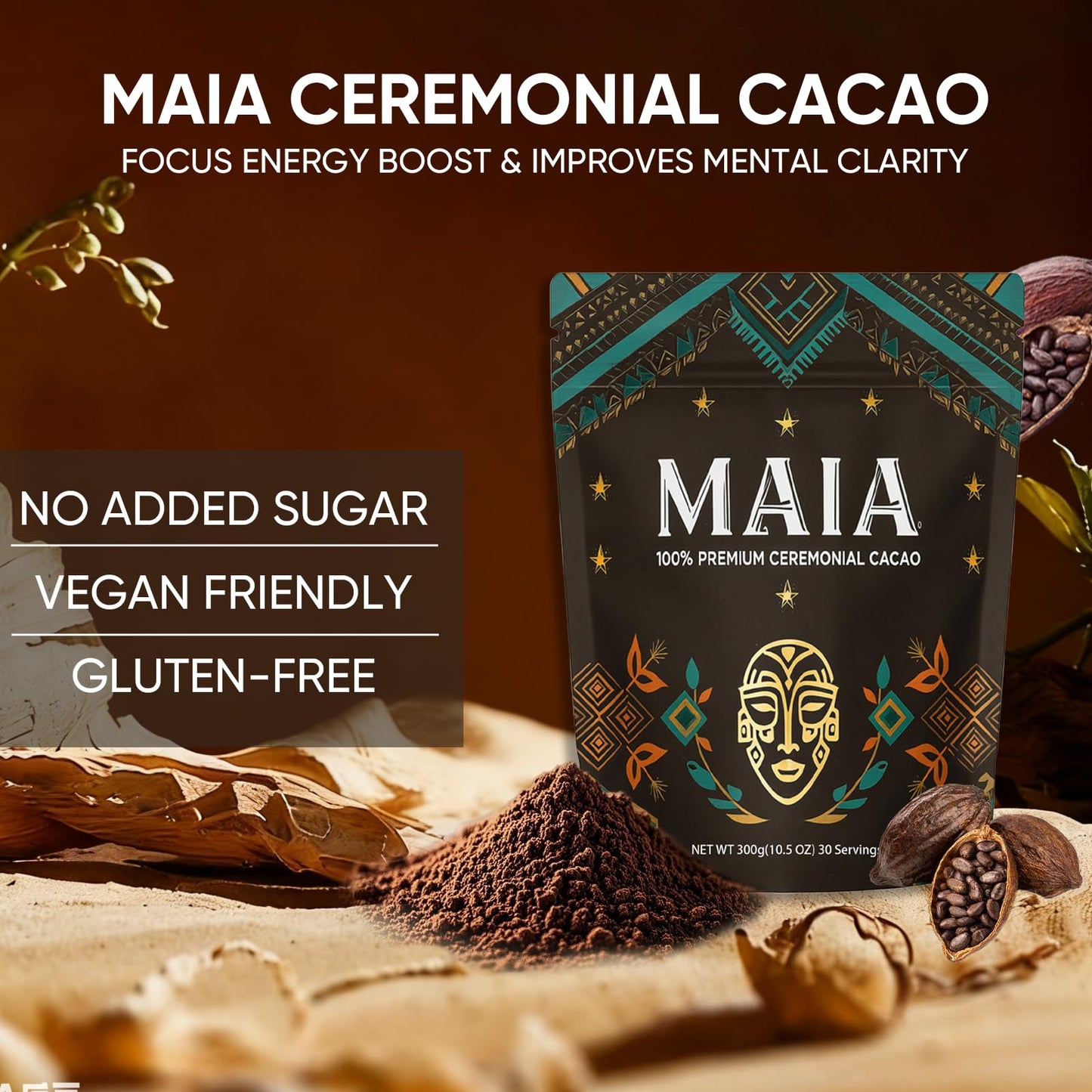 Maia Ceremonial Cacao  with Flavanol  Theobromine  Magnesium and Natural Flavonoids Blend  Improves Mental Clarity and Focus  Energy Boost & Elevate Mood  Zero Sugar 100% Pure and Natural