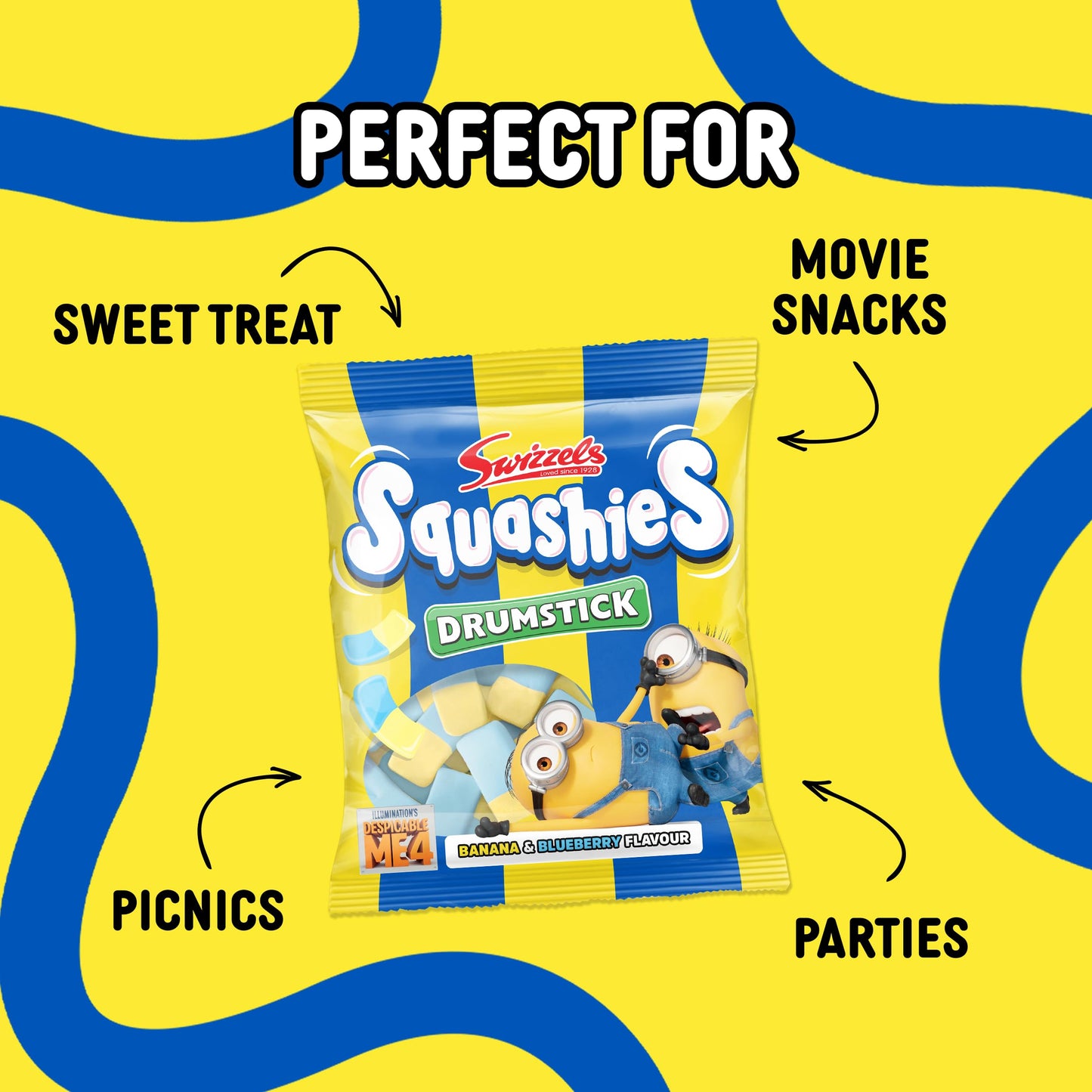 Swizzels Squashies Minion Sweets - Banana & Blueberry Flavour - Single Bag 120G