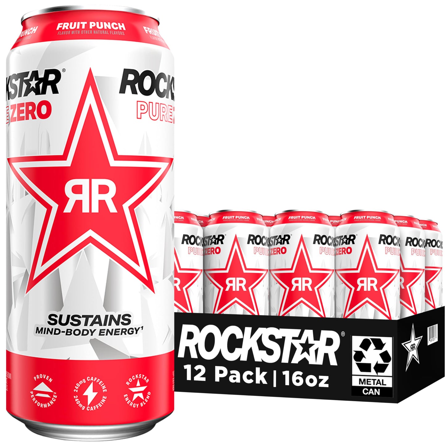 Rockstar Pure Zero Energy Drink, Fruit Punch, 0 Sugar, Caffeine & Taurine, 16oz Cans, 12 Pack