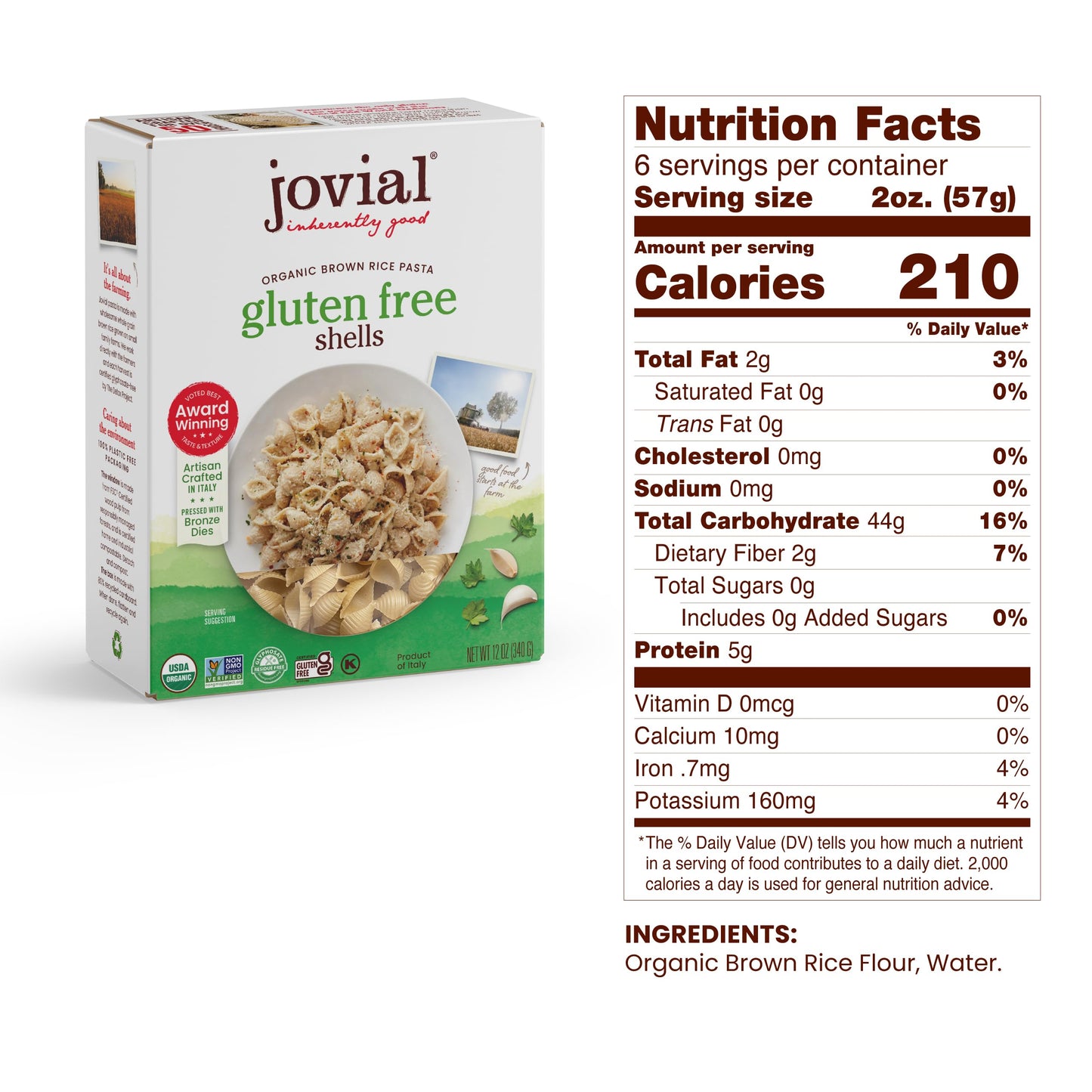 Jovial Shells Gluten-Free Pasta | Whole Grain Brown Rice Shells Pasta | Non-Gmo | Lower Carb | Kosher | Usda Certified Organic | Made In Italy | 12 Oz (2-Pack)