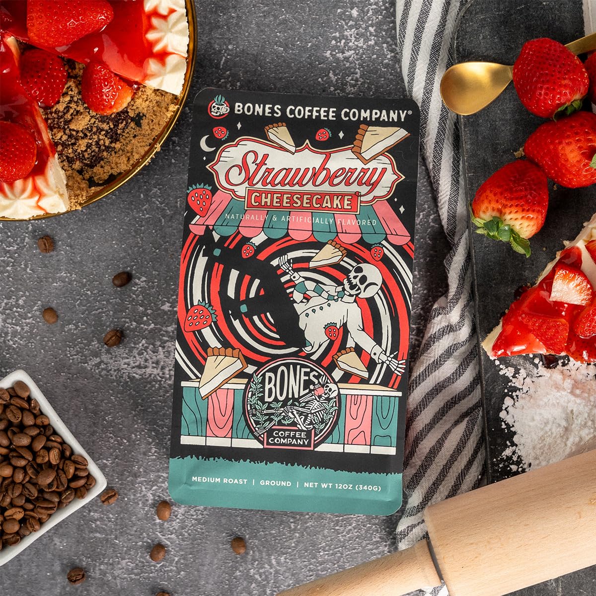 Bones Coffee Company Strawberry Cheesecake Ground Coffee Beans | 12 Oz Medium Roast Low Acid Coffee | Flavored Coffee Gifts & Gourmet Coffee Beverages (Ground)