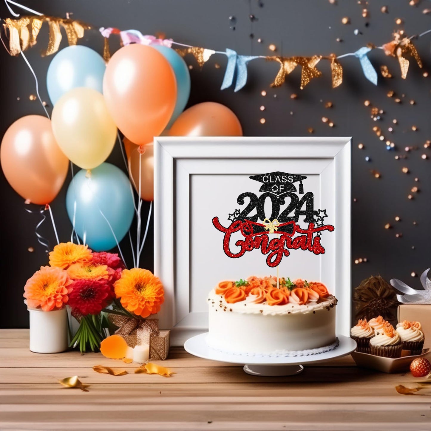 1Pc Congrats Grad 2024 Cake Topper Red Glitter Diploma Graduation Cap Cake Pick Congrats Class Of 2024 Cake Decorations For 2024