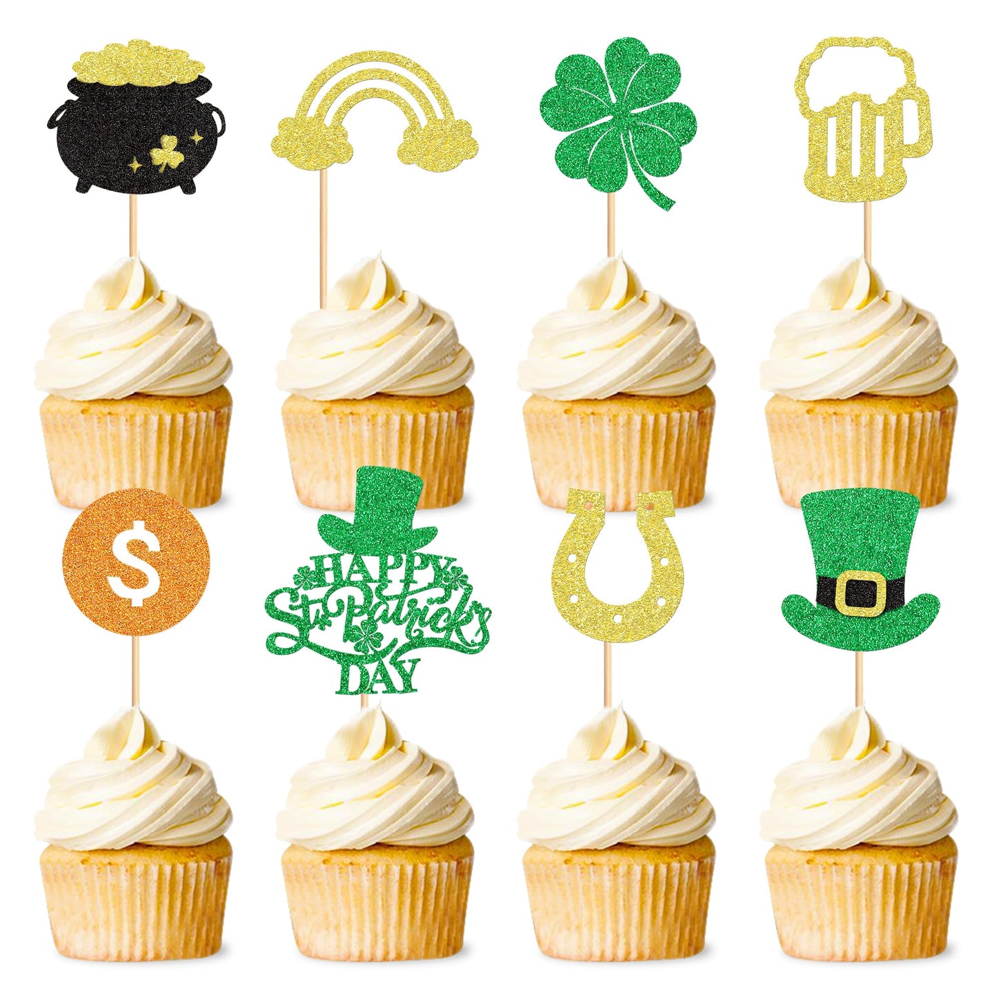 Ercadio St. Patricks Day Cupcake Toppers, Glitter Shamrock Picks, Green Hat Design, 24 Pack, Paper