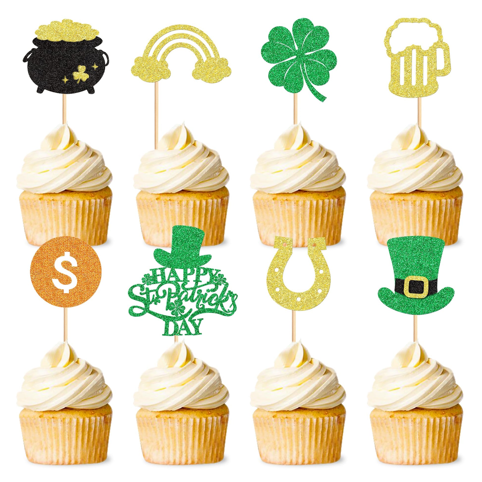 Ercadio St. Patricks Day Cupcake Toppers, Glitter Shamrock Picks, Green Hat Design, 24 Pack, Paper