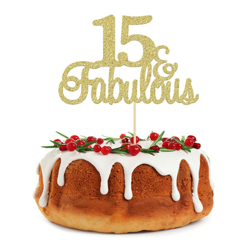 Gyufise 1Pc 15 & Fabulous Cake Topper Gold Glitter Fifteen And Fabulous Cake Toppers Happy 15Th Birthday Cake Pick For 15Th Wedd