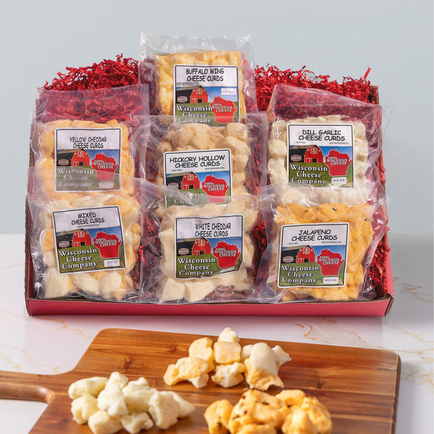 Wisconsin Cheese Company 100% Cheese Curd Variety Sampler Gift Box - 7 Piece Set for Parties, Charcuterie Boards, and Holiday Gifts