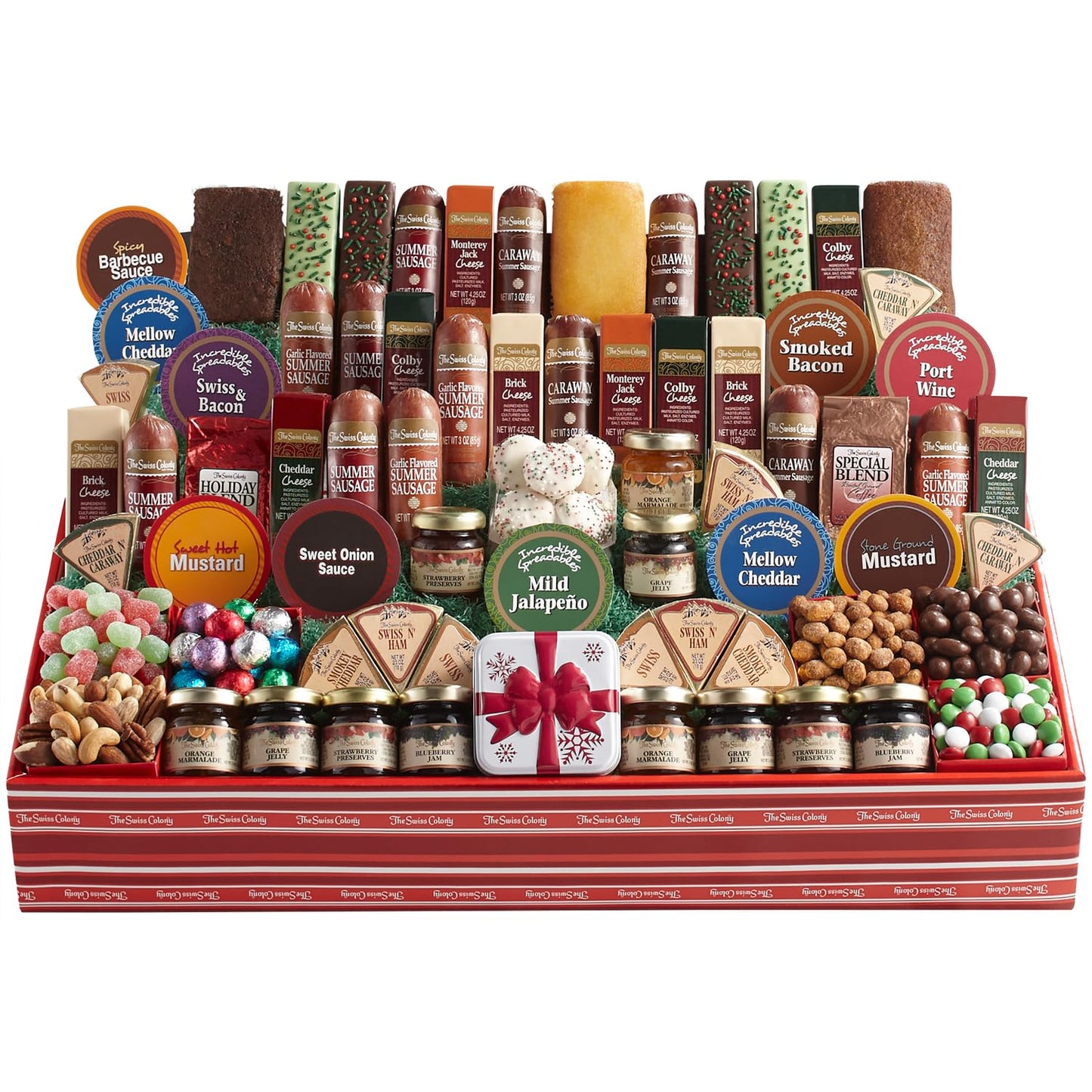 The Swiss Colony 70 All-Time Favorites - Ultimate Gift Basket Summer Sausage Meats, Cheeses, Chocolates, Cookies, Coffee, Spread