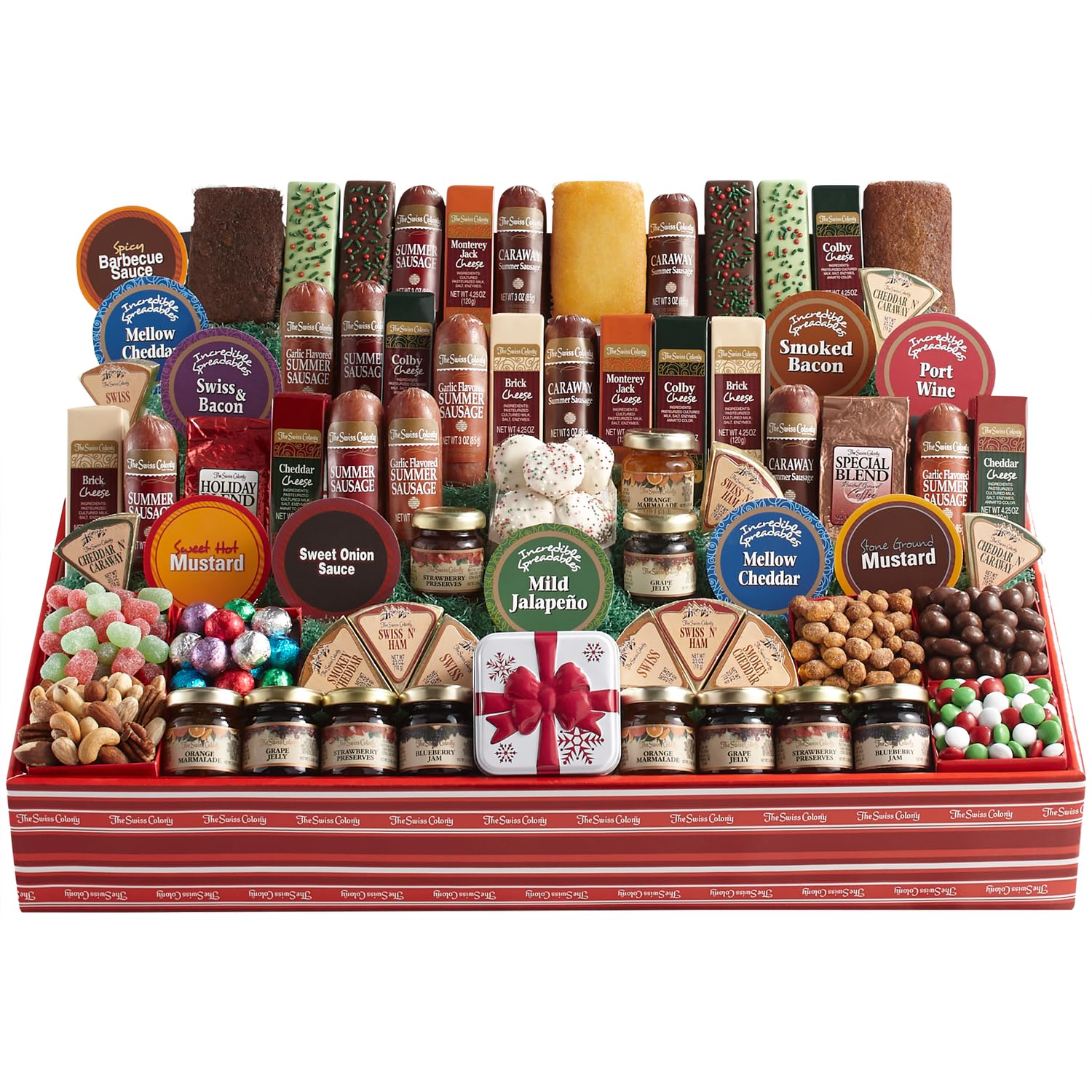 The Swiss Colony 70 All-Time Favorites - Ultimate Gift Basket Summer Sausage Meats, Cheeses, Chocolates, Cookies, Coffee, Spread