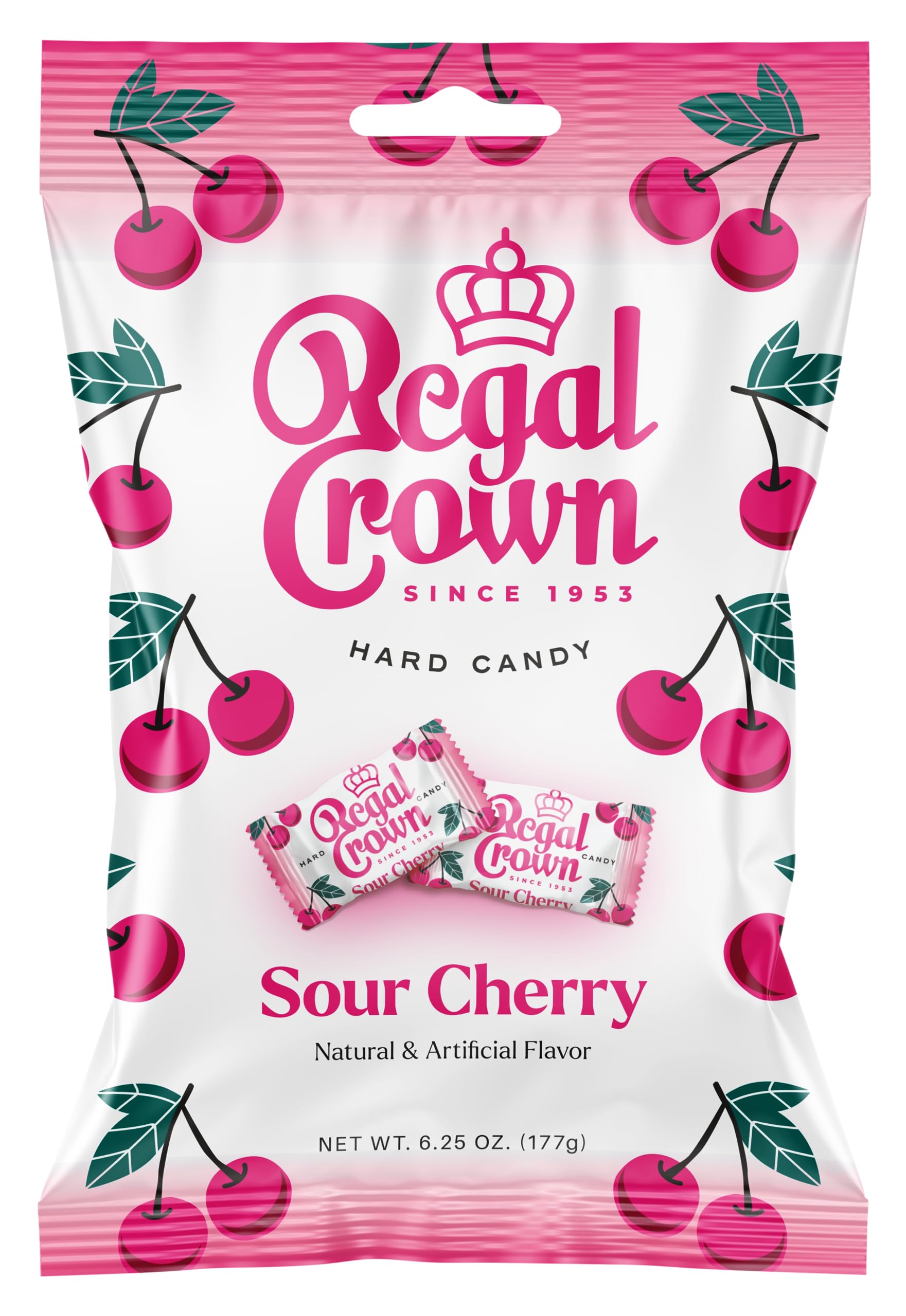 Regal Crown Sour Cherry, 6.25 Ounce Bag (Pack of 1), Individually Wrapped Hard Sour Candy, The Hampton Candy Company