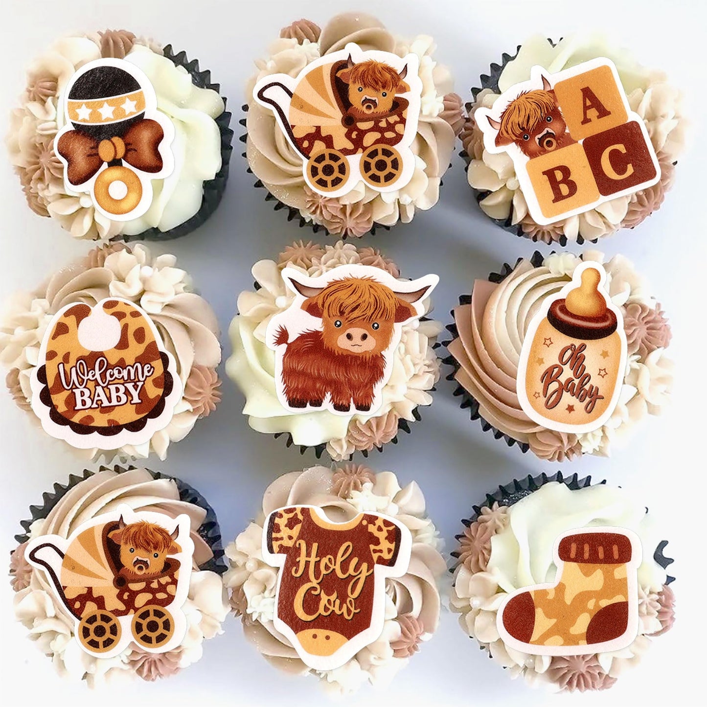 Cyodoos Edible 40Pcs Highland Cow Cupcake Toppers Farm Animals Cupcake Picks Highland Cow Theme Baby Shower Kids Birthday Party