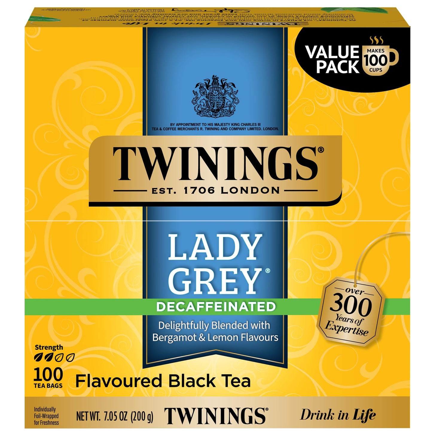 Twinings Decaffeinated Lady Grey Black Tea Individually Wrapped Bags  100 Count (Pack Of 1)  Orange Peel & Lemon Peel  Fresh And Uplifting  Caffeinated  Enjoy Hot Or Iced  100 Teabags