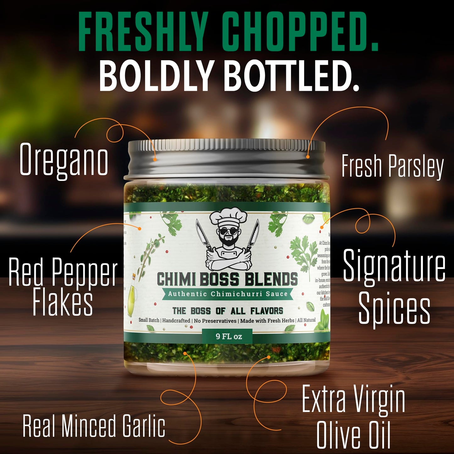 Chimi Boss Chimichurri Original Sauce, 9 fl oz - Authentic Argentinian Green Herb Sauce with Fresh Parsley, Garlic & Spices - Al
