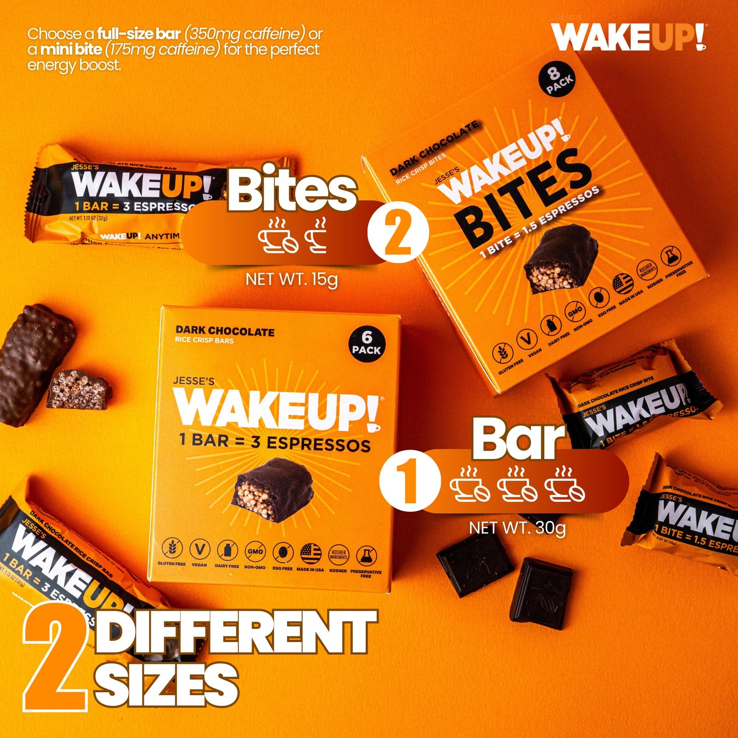 Wake Up! Energy Bites – Dark Chocolate – 8 Pack | 1 Bite = 1.5 Espressos (175Mg Clean Caffeine) | Vegan, Gluten-Free, Kosher | Smooth Focus & Crash-Free Energy For Work, Study & Fitness