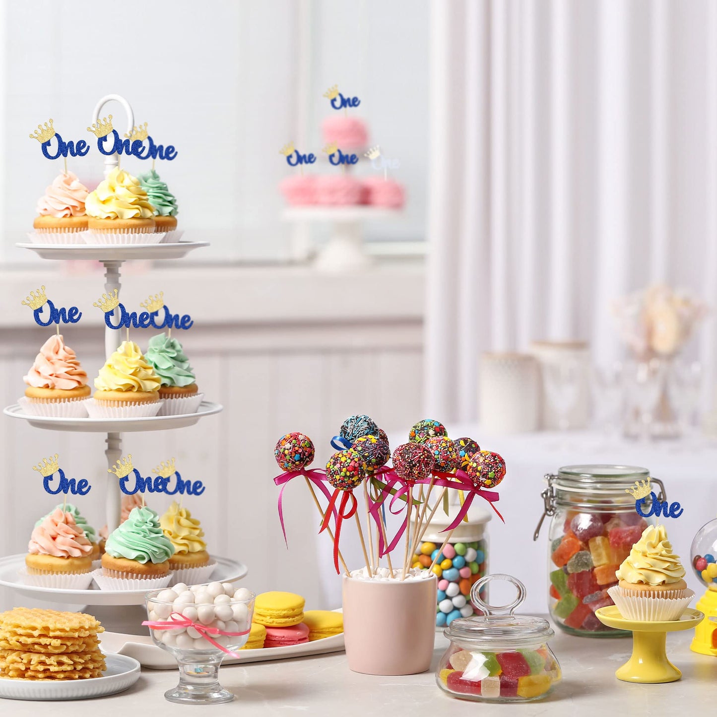 Gyufise 24Pcs First Birthday Cupcake Toppers Glitter Crown One Cupcake Picks Baby Shower 1St Birthday Cake Decorations Party Sup