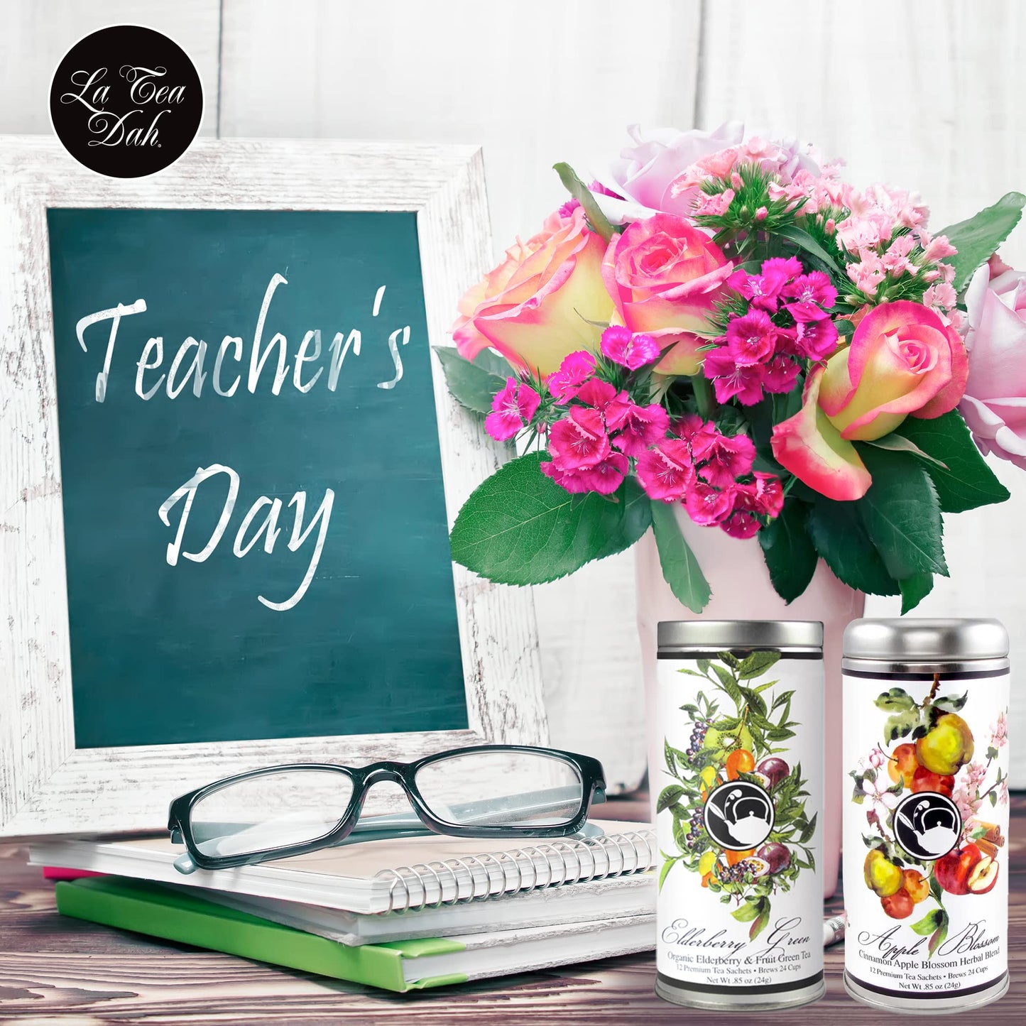 La Tea Dah Floral Tea Gift Basket - Unique Teacher Appreciation Gift, 12 Sachets with 2 Assorted Flavors & 2 Honey Stirrers