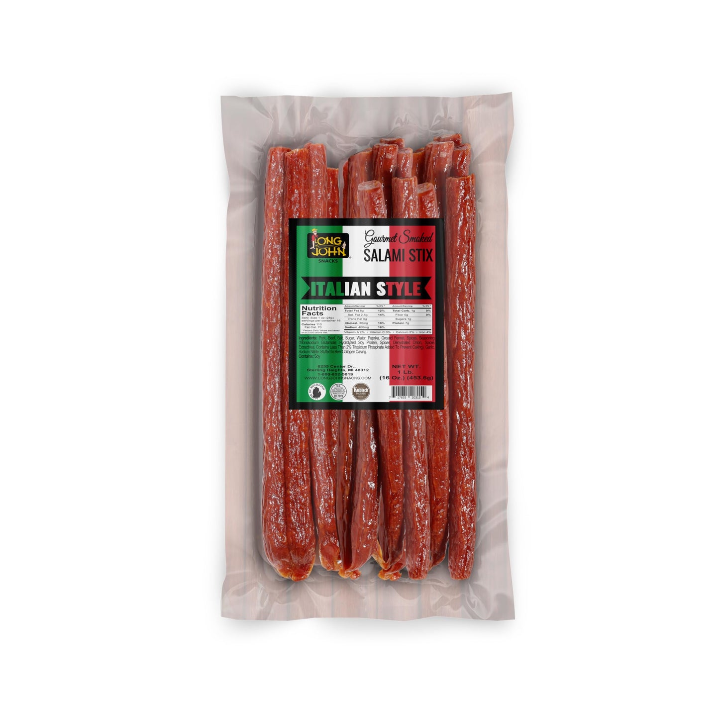 Long John Snacks Italian Style Dried Salami Stix - Top-Grade Italian Blend Hand Crafted Pork & Beef Cuts - Gluten-Free  Bold Flavor & Low Heat - Rich Flavor & Italian-Style Dried To Perfection - 16Oz.
