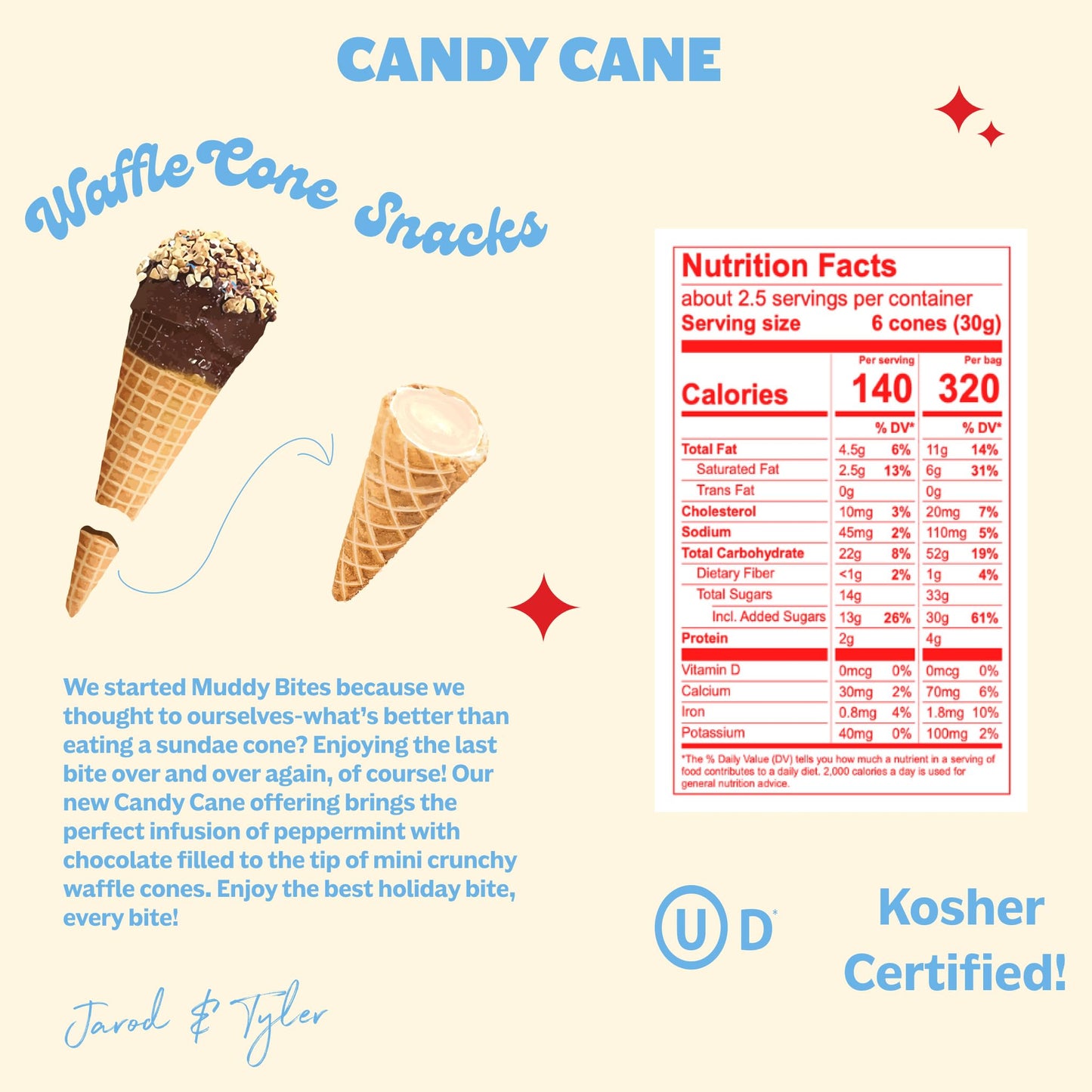 Muddy Bites Waffle Cone Snacks Bite Sized Chocolate Filled Waffle Cones For Snack Or Dessert, Candy Cane, Made With Cane Sugar,