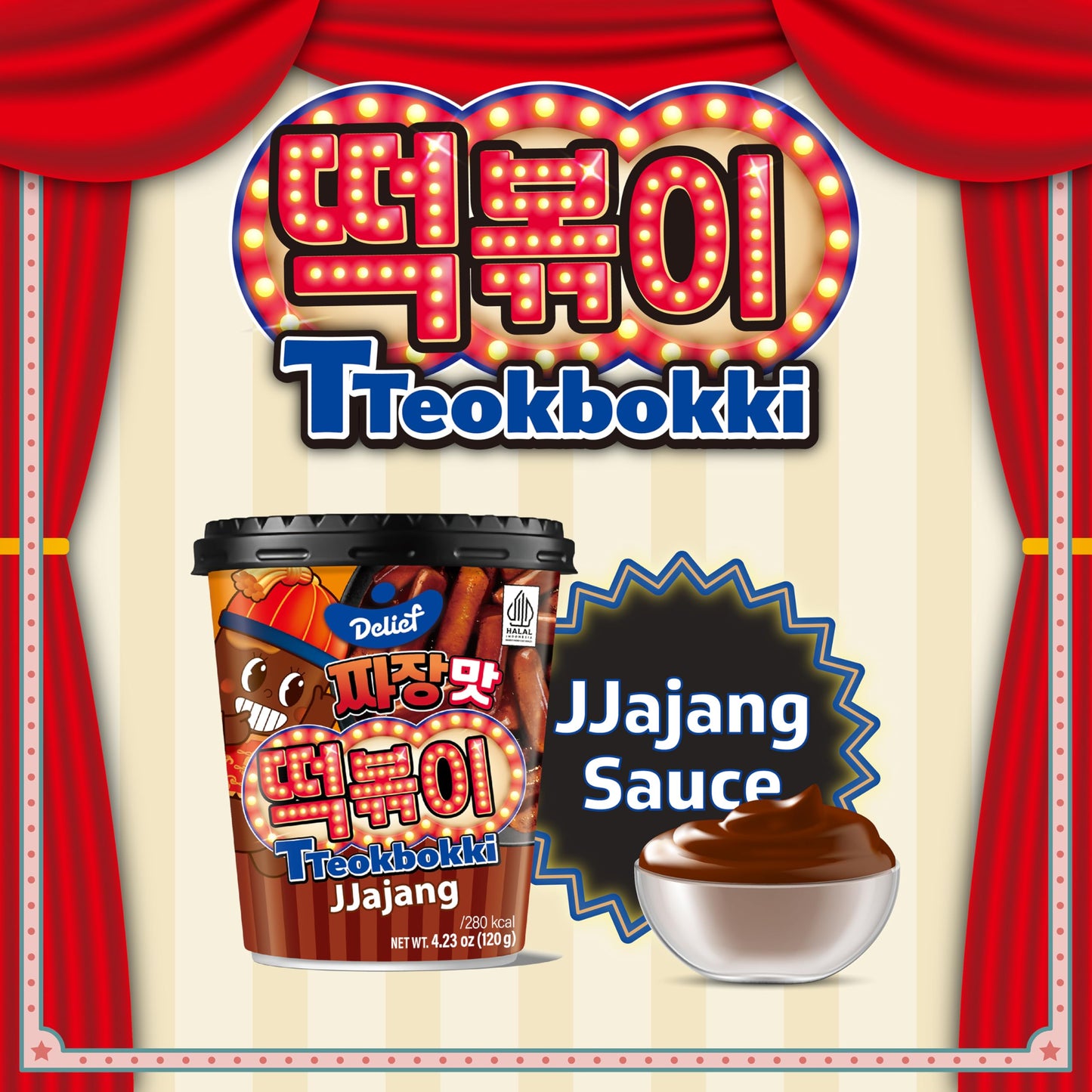Delief Tteokbokki Cup Jjajang Flavor 4.23Oz(120G) Korean Street Food Korea Instant Rice Cake Snack, 4 Packs