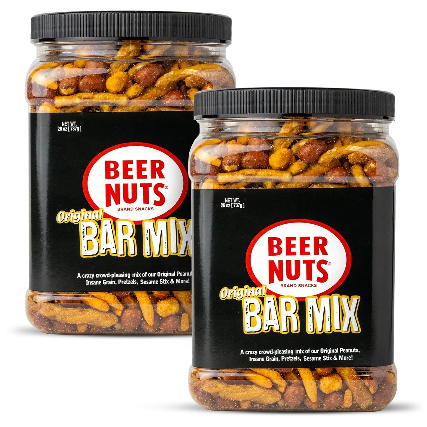 BEER NUTS Original Bar Mix - 26 oz Resealable Jar, Pretzels, Cheese Sticks, Sesame Sticks, Roasted Corn Nuts, Peanuts, Pack of 2