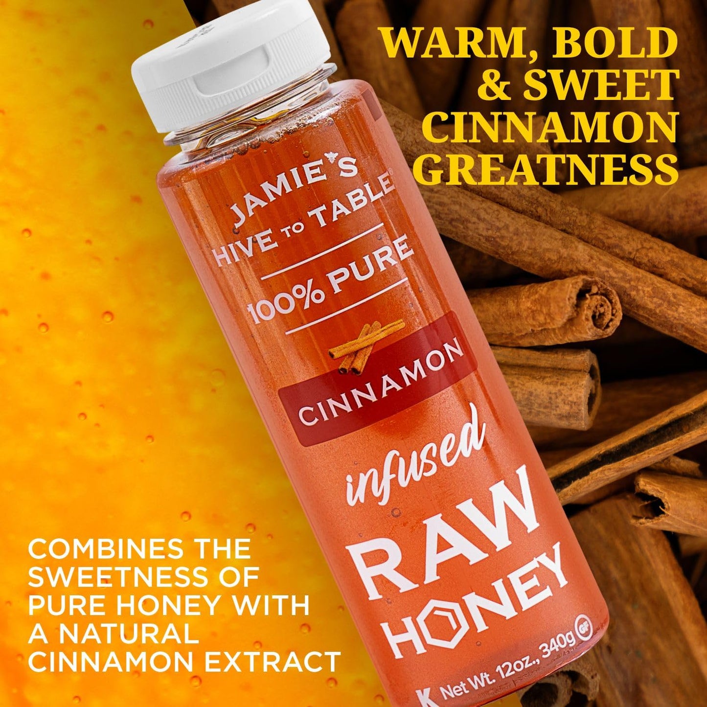 Jamie'S Hive To Table Cinnamon Flavored Honey, 12 Oz - 100% Raw & Unfiltered Honey With A Warm & Spiced Flavor - Perfect For Cof