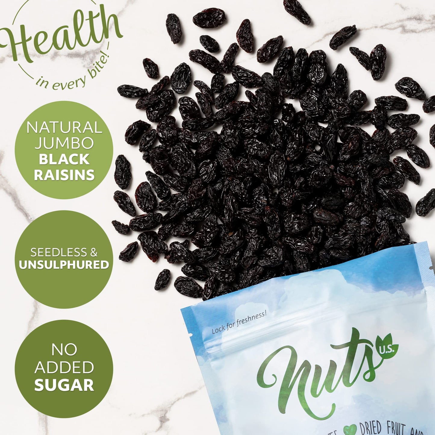 NUTS U.S. California Black Raisins, Unsulphured, Seedless, 100% Natural, No Added Sugar, 2 lbs, Resealable Bag