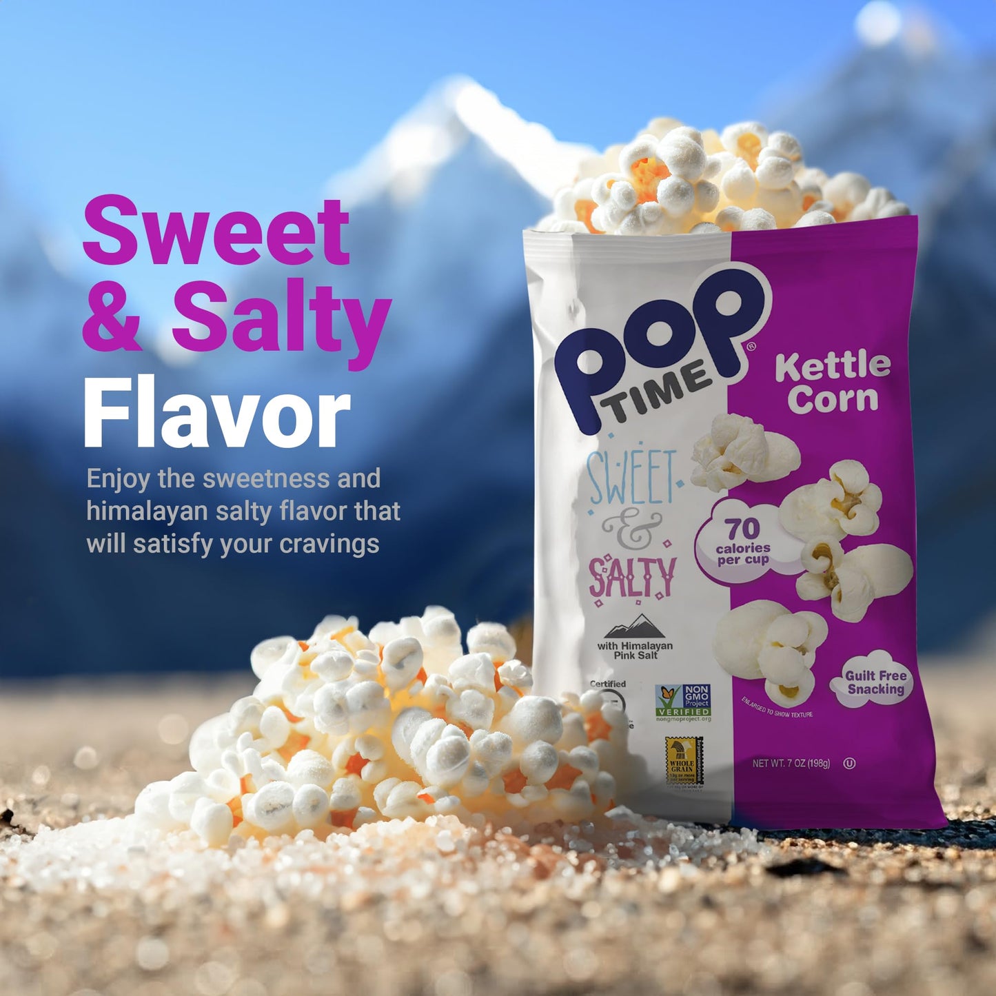Poptime Kettle Cooked Popcorn - Sweet & Salty, 7Oz Bags (Pack Of 12), Non-Gmo, Gluten Free, Dairy Free, Kosher, Whole Grain, Low