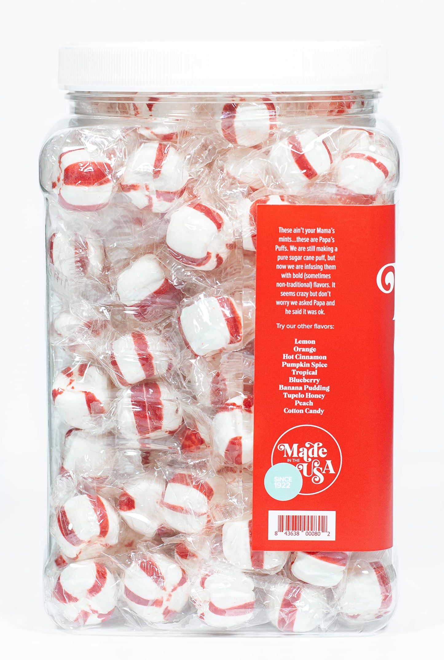 Papa'S Puffs Peppermint Flavored Pure Sugar Candy - Individually Wrapped In Resealable Tub - Fat-Free, Gluten-Free, Cholesterol-