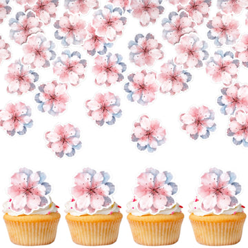 60 Pcs Edible Cherry Blossoms Cake Decorations Wafer Paper Cherry Blossoms Cupcake Toppers Edible Flowers Cake Toppers For Baby Shower Kids Birthday Party Cupcake Food Decorations Supplies Pink