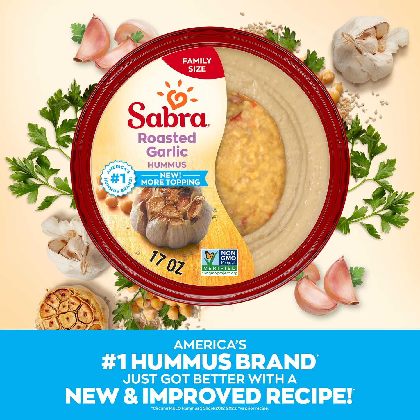 Sabra Roasted Garlic Hummus, Great Hummus for Dipping, Snacking and Sharing, 17 Oz Tub