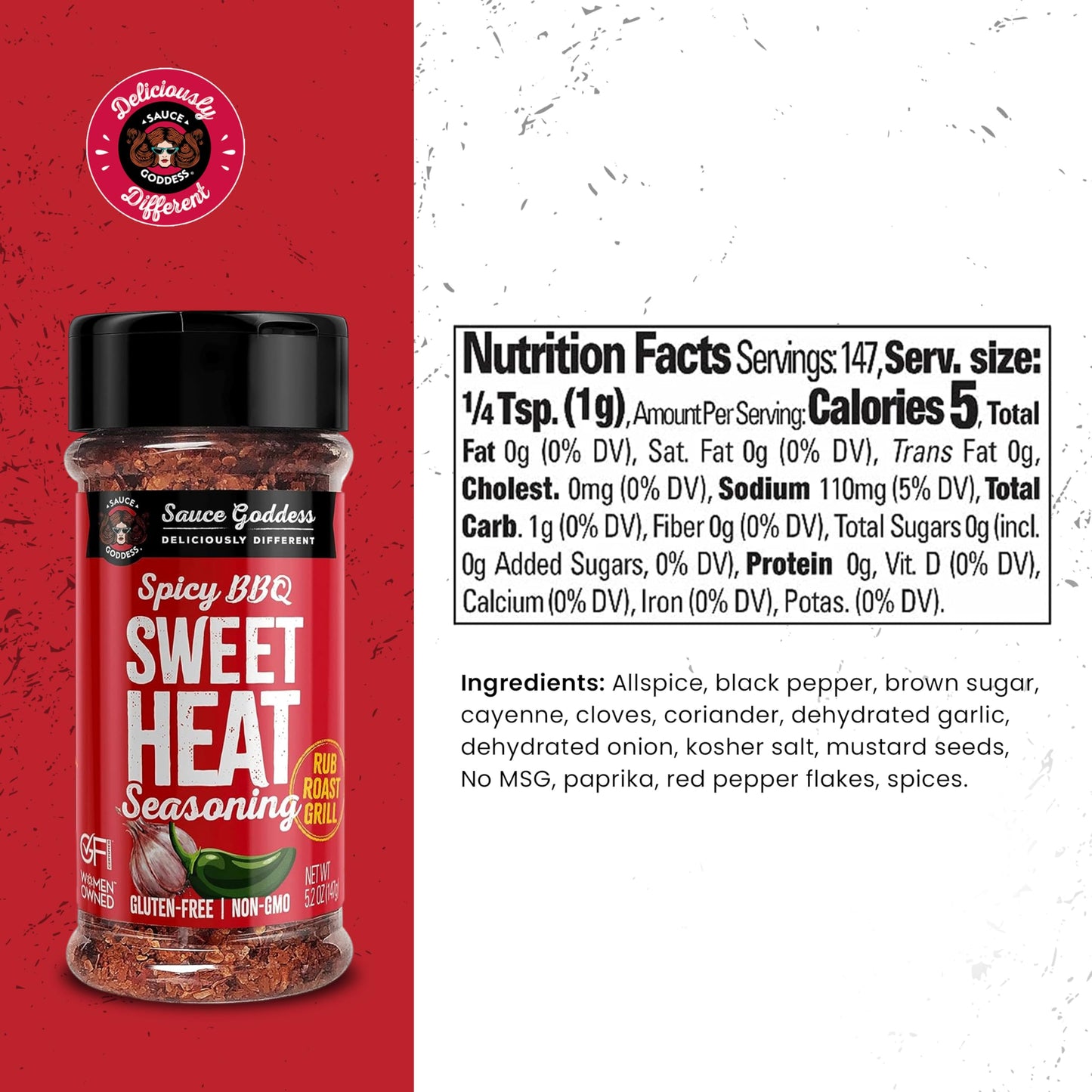 Sauce Goddess Spicy BBQ Sweet Heat Spice Shaker, Barbeque Rub with Brown Sugar and Garlic, 5.2 oz, Pack of 1