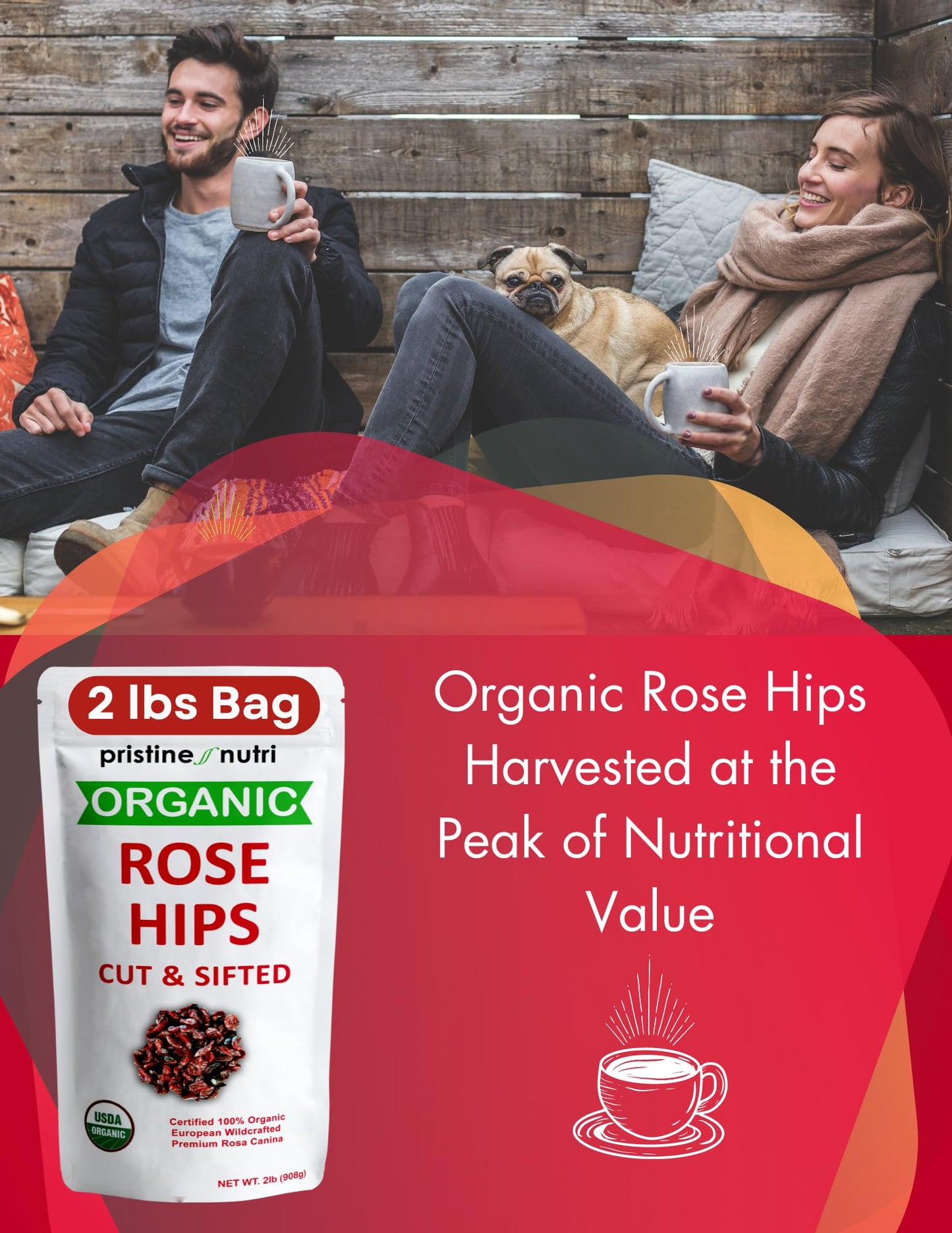 2 Lb (32 Oz) Rose Hips Dried Organic Bulk, Organic Rosehips Cut & Sifted, 95% Seedless, European All Natural, Rosehips Dried Org