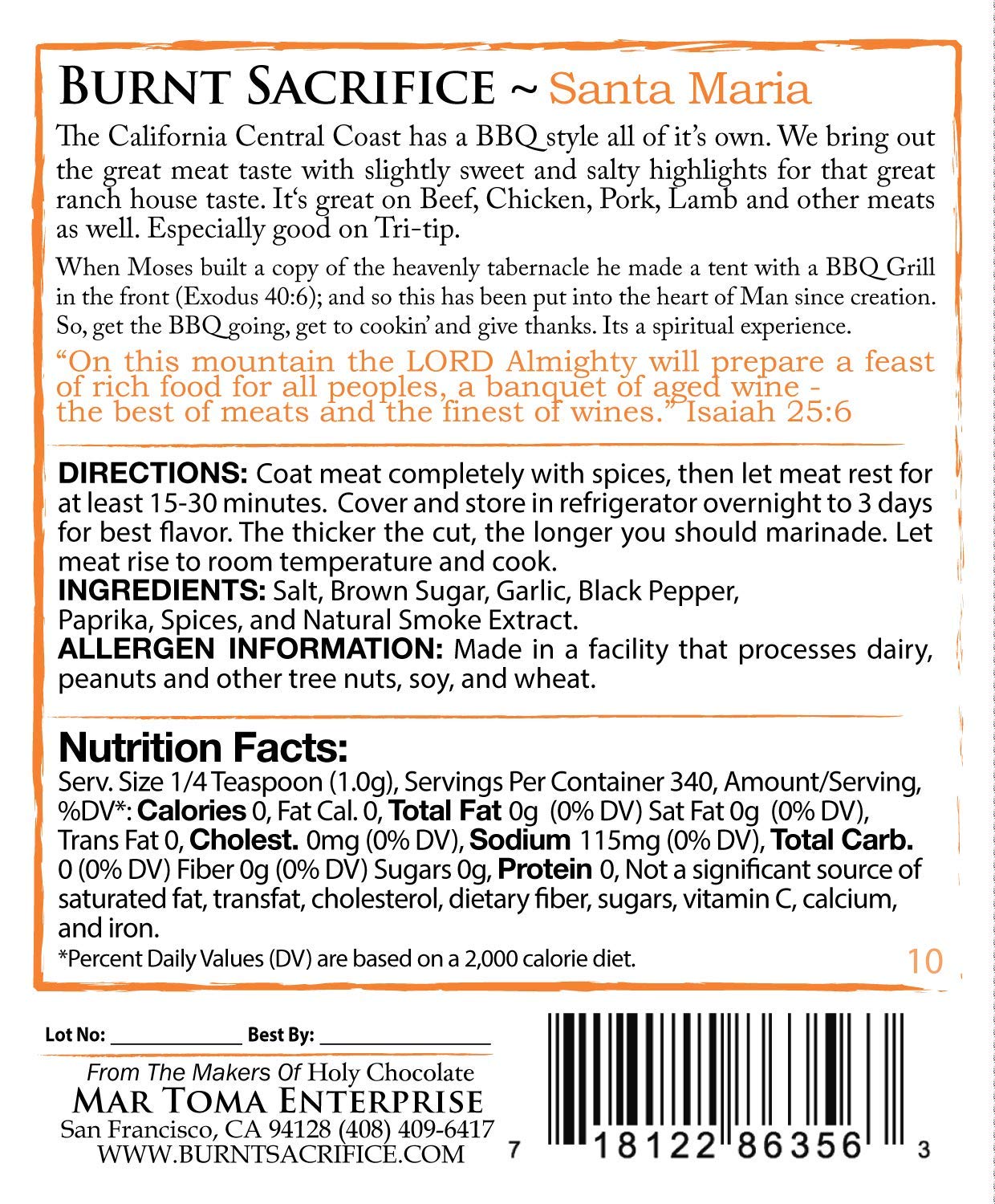 Burnt Sacrifice Santa Maria Style Gourmet Bbq Dry Rub Spice Seasoning (10 Oz Bag Makes Over 20 Pounds) All-Natural, Tri-Tip Bris