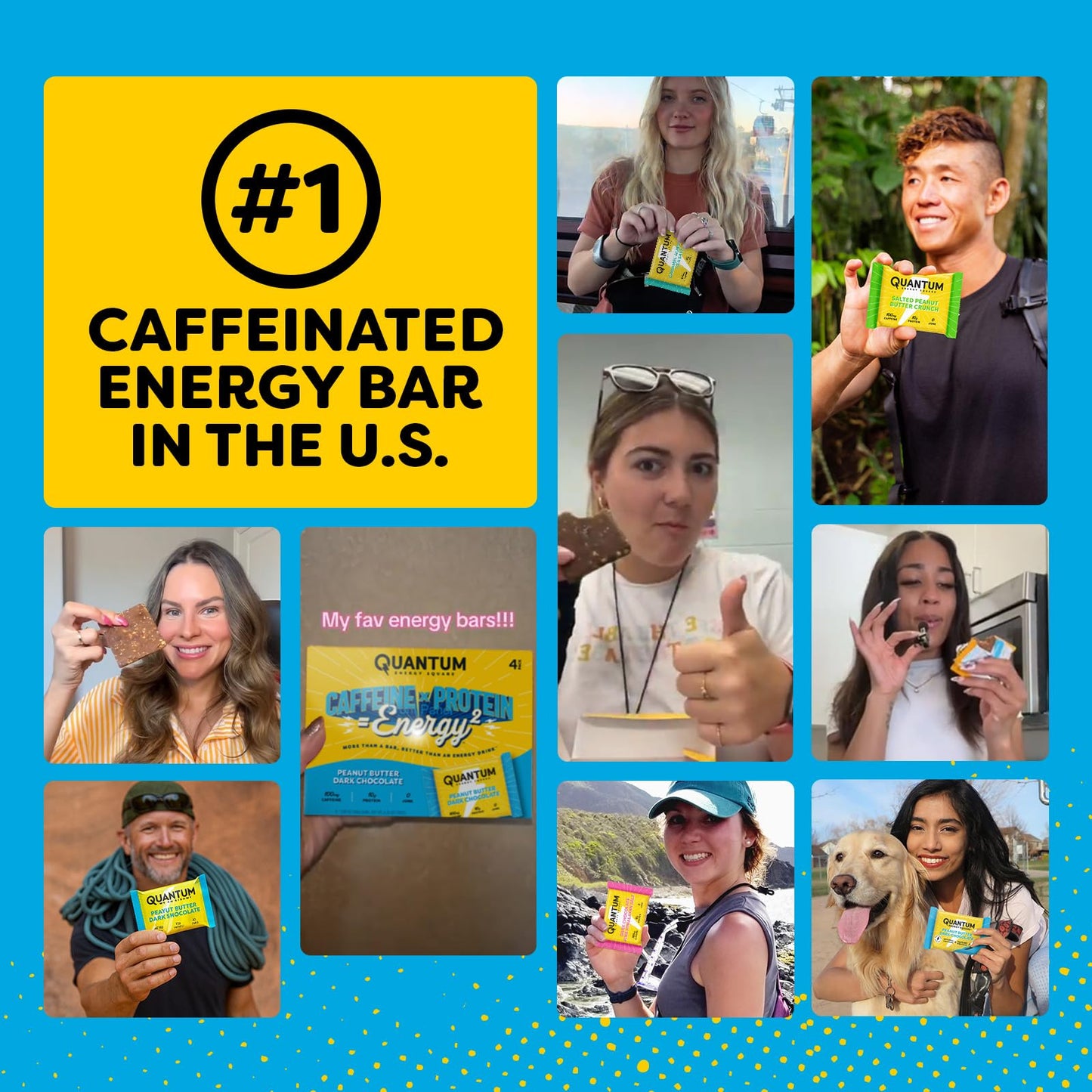 Quantum Energy Square: Energy Bar With Caffeine & 10G Protein. Delicious Healthy Snack On The Go. (Vegan, Gluten-Free, Soy-Free, Dairy-Free) (Variety 8-Pack)