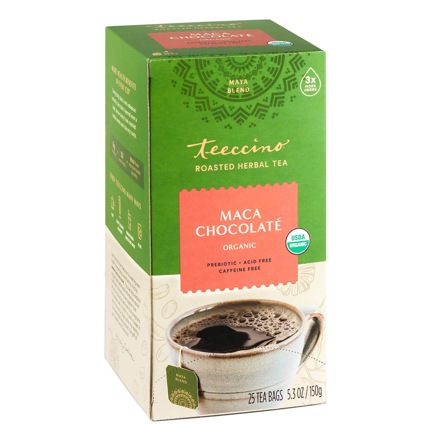 Teeccino Maca Chocolaté Herbal Tea - Caffeine Free, Prebiotic, 25 Count Tea Bags