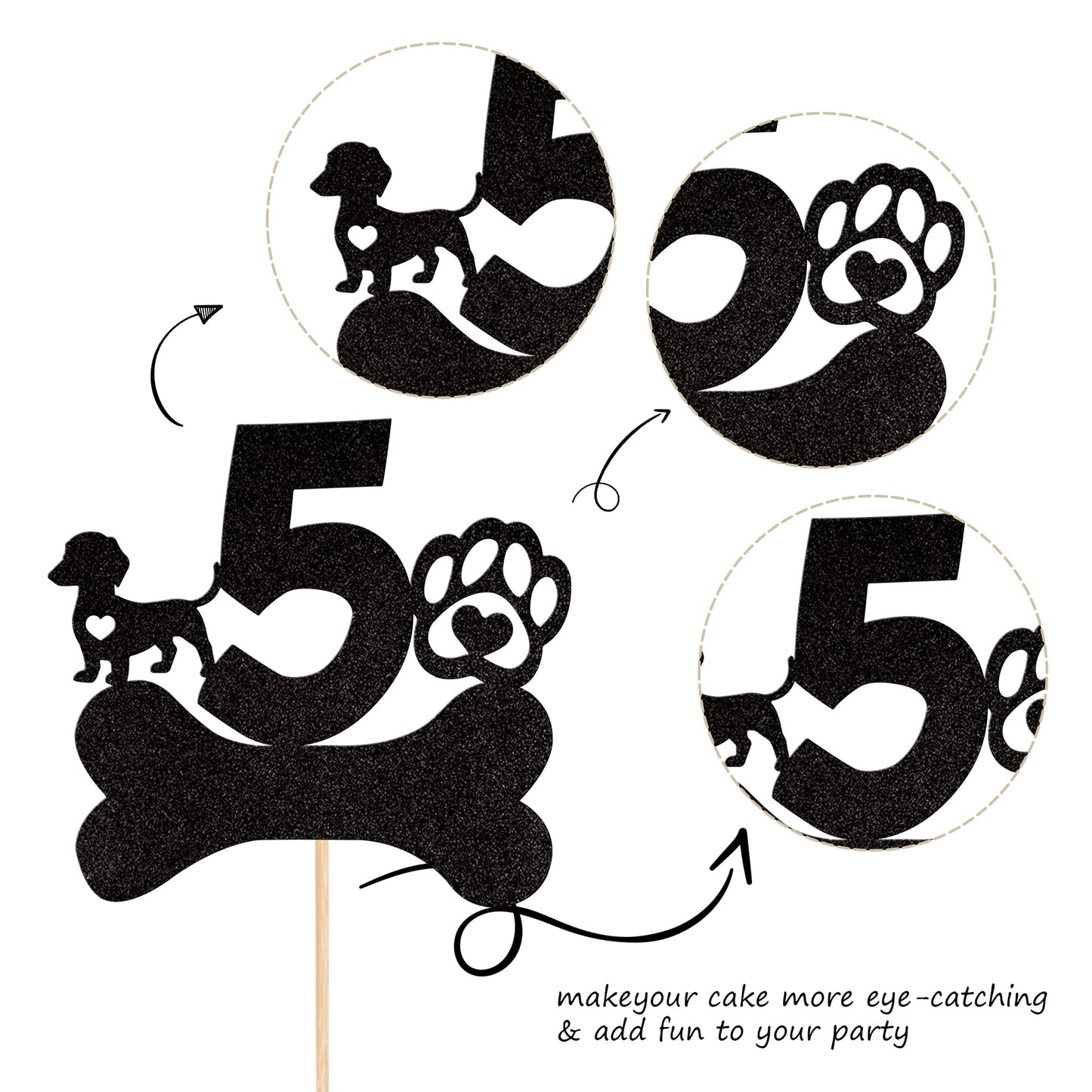 1 Pcs 5Th Birthday Cake Topper Black Glitter Dog Paw Five Years Old Birthday Puppy Dog Bone Cake Pick For Let'S Pawty Baby Showe